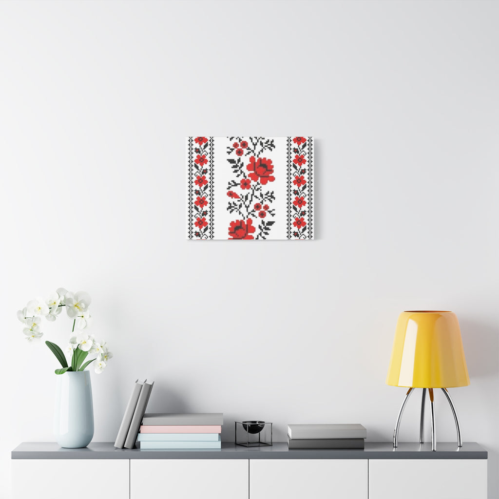 Ukrainian Embroidery Wall Art, Red Black Folk Floral Pattern, Traditional Slavic Home Decor Canvas for Living Room or Entryway, Matte Print, Stretched 1.25" Ready to Hang