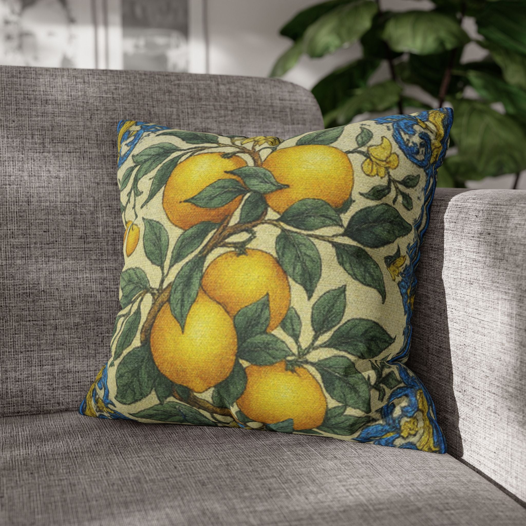 Citrus Riviera Orange & Lemon Branch Pillow Cover – Mediterranean Botanical Cushion Case | William Morris Style