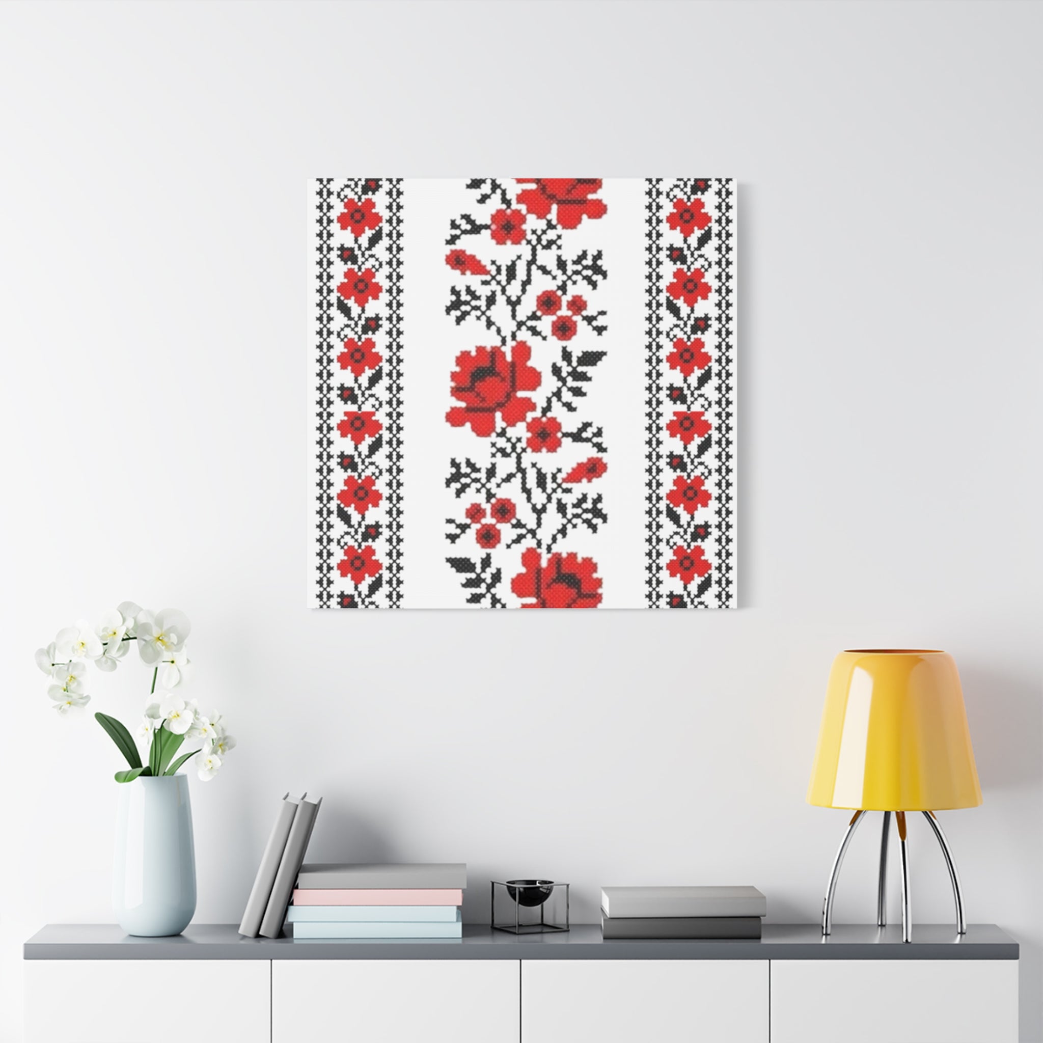 Ukrainian Embroidery Wall Art, Red Black Folk Floral Pattern, Traditional Slavic Home Decor Canvas for Living Room or Entryway, Matte Print, Stretched 1.25" Ready to Hang