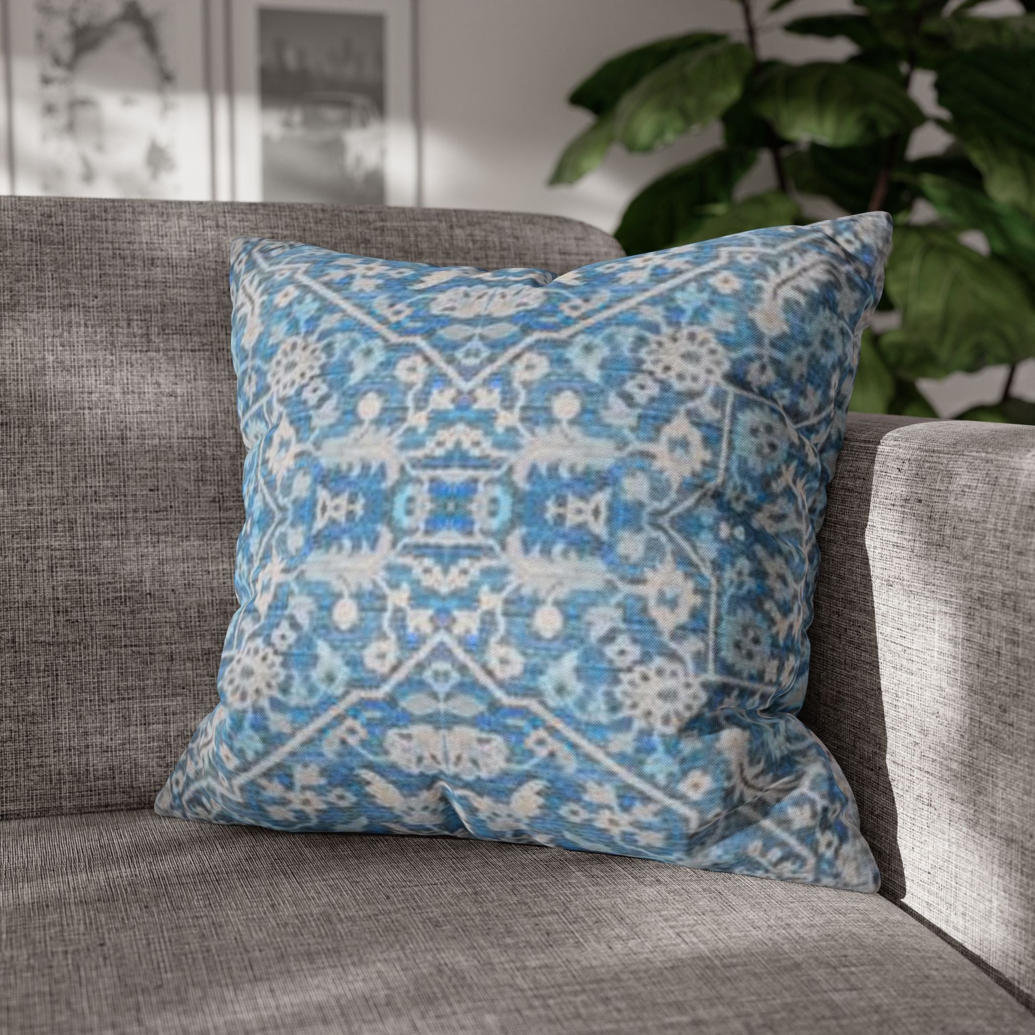 BLUESKYDEZIGN Grandmother's Heritage Pillow Cover - Blue Ikat Floral, Boho Modern Rustic Cushion