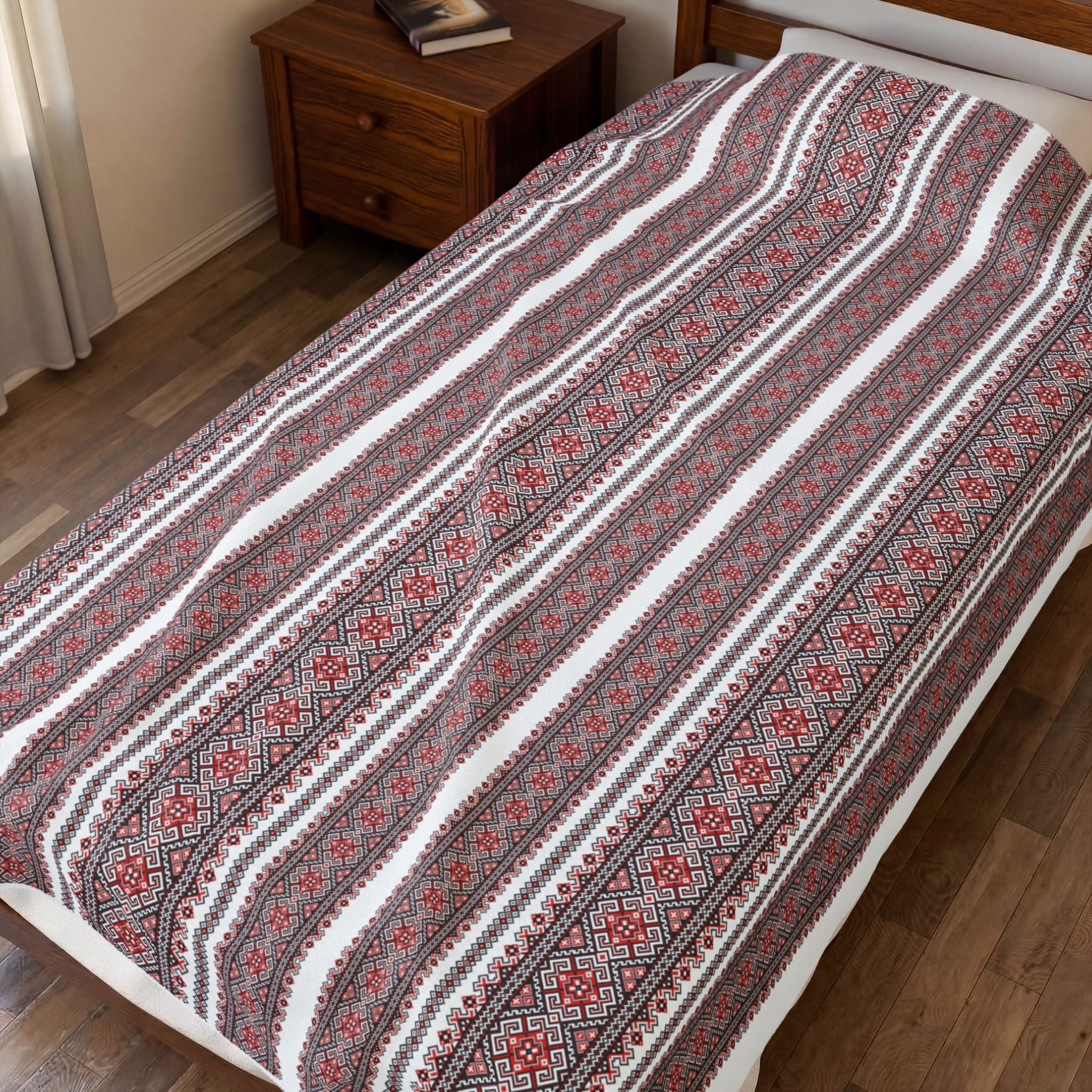 Velvet Plush Ukrainian Blanket, Red Black Folk Pattern, Soft Cozy Throw in 3 Sizes, Traditional Slavic Geometric Design