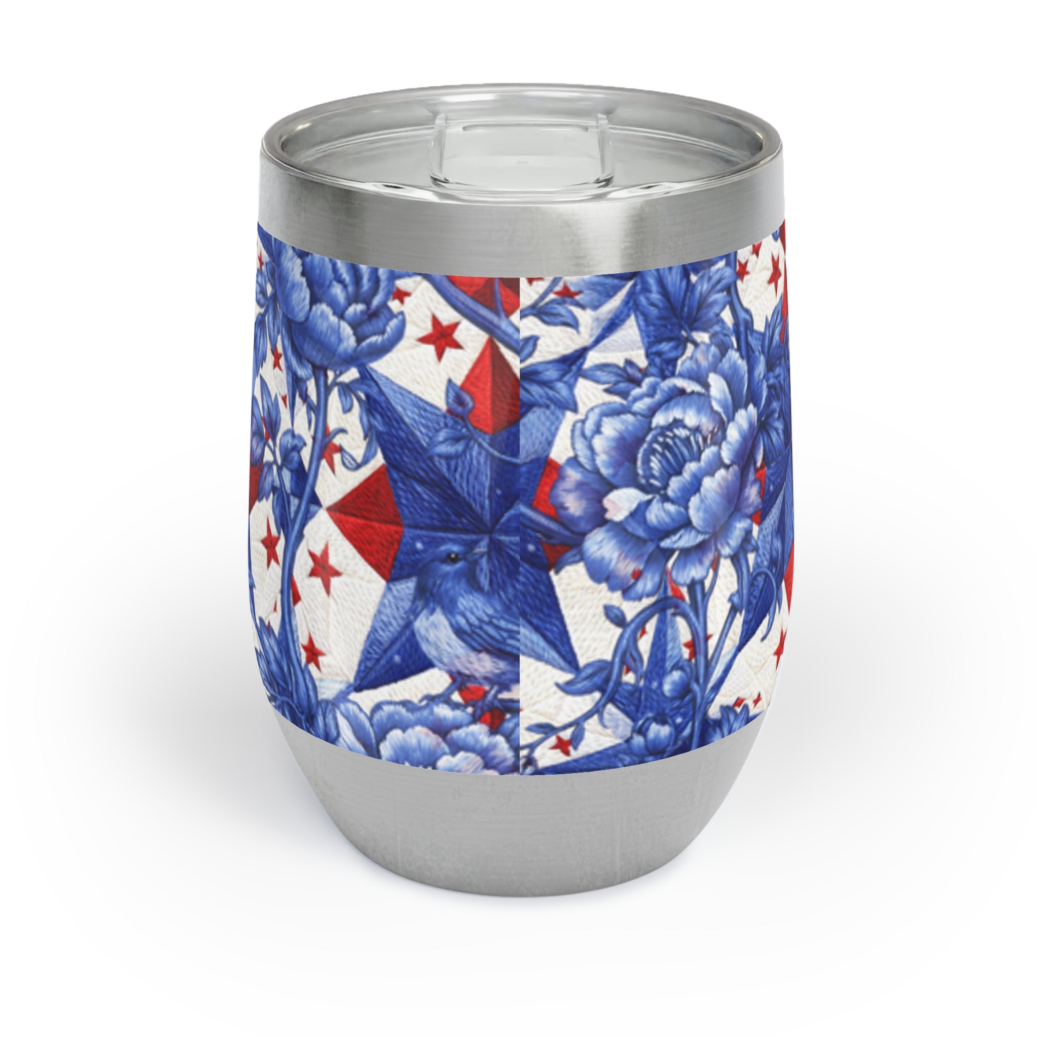 America 250th Anniversary Wine Tumbler - Patriotic Blue Toile & Red Star Insulated Stainless Steel Cup