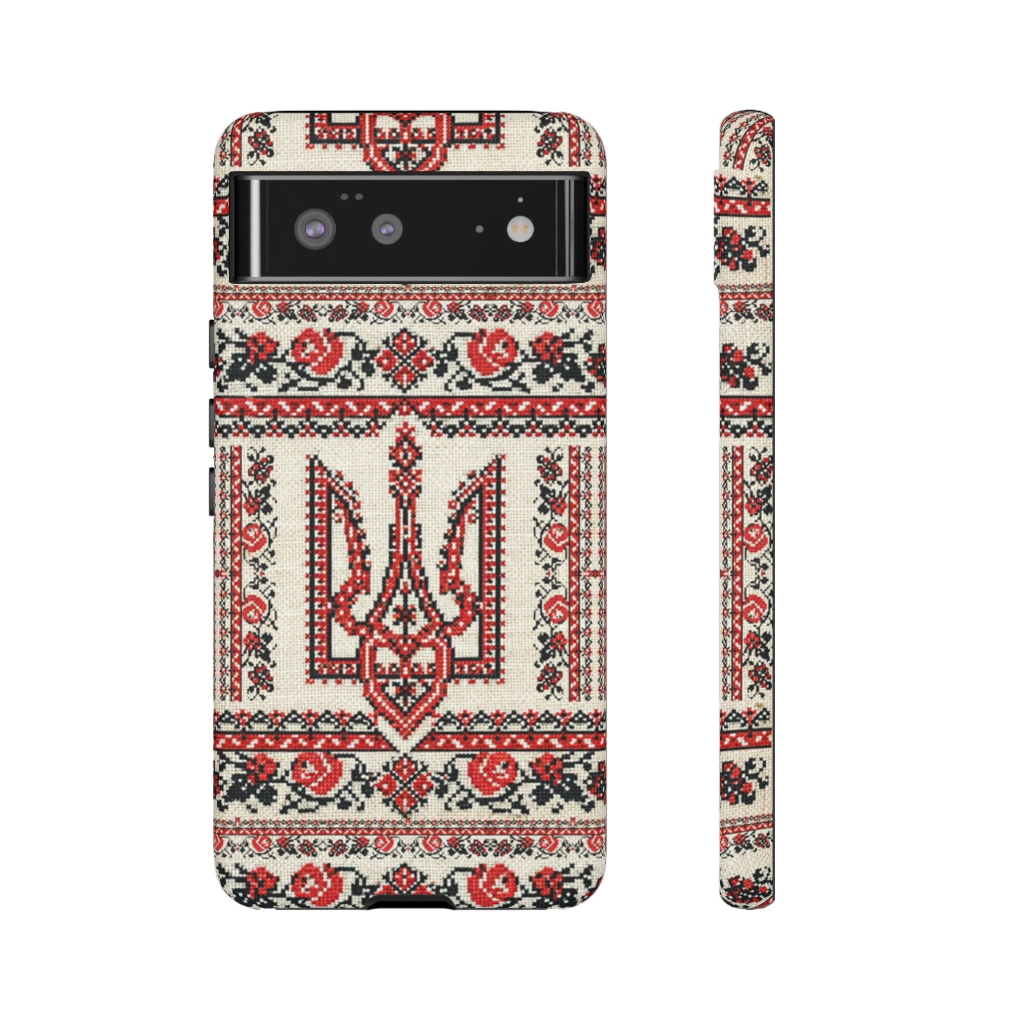 Ukrainian Trident Embroidery Phone Case • Red Black Trident Pattern • Protective Folk Art Cover for iPhone & Samsung