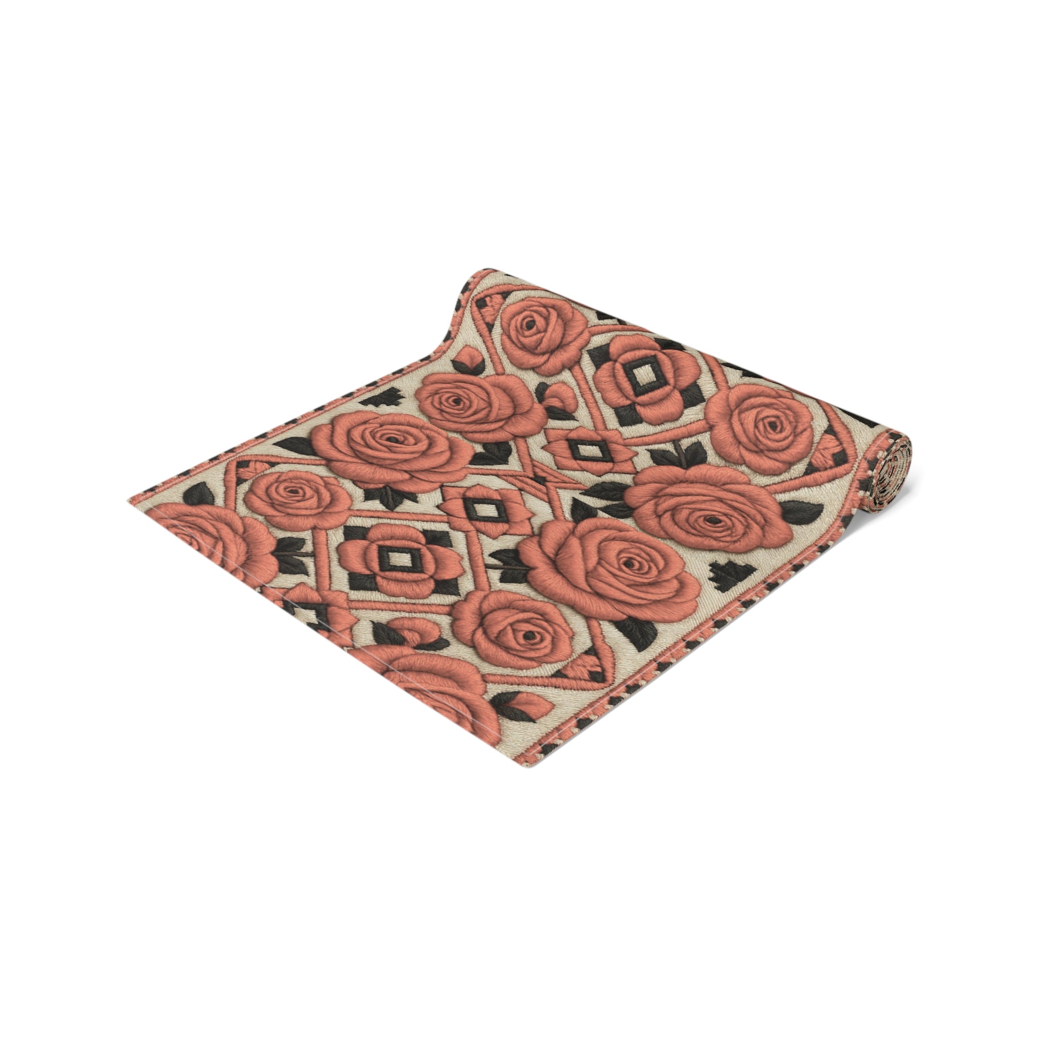 Red Roses Table Runner | Vintage Geometric Floral Dining Decor | Cotton Twill & Polyester