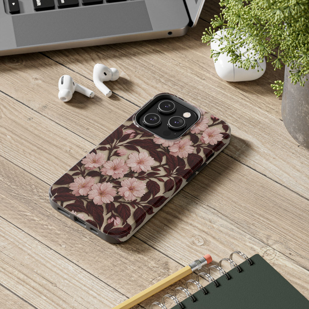 BLUESKYDEZIGN | Sakura Noir Tough Phone Case | Vintage Pink Cherry Blossom Floral iPhone Cover | Cottagecore Gift