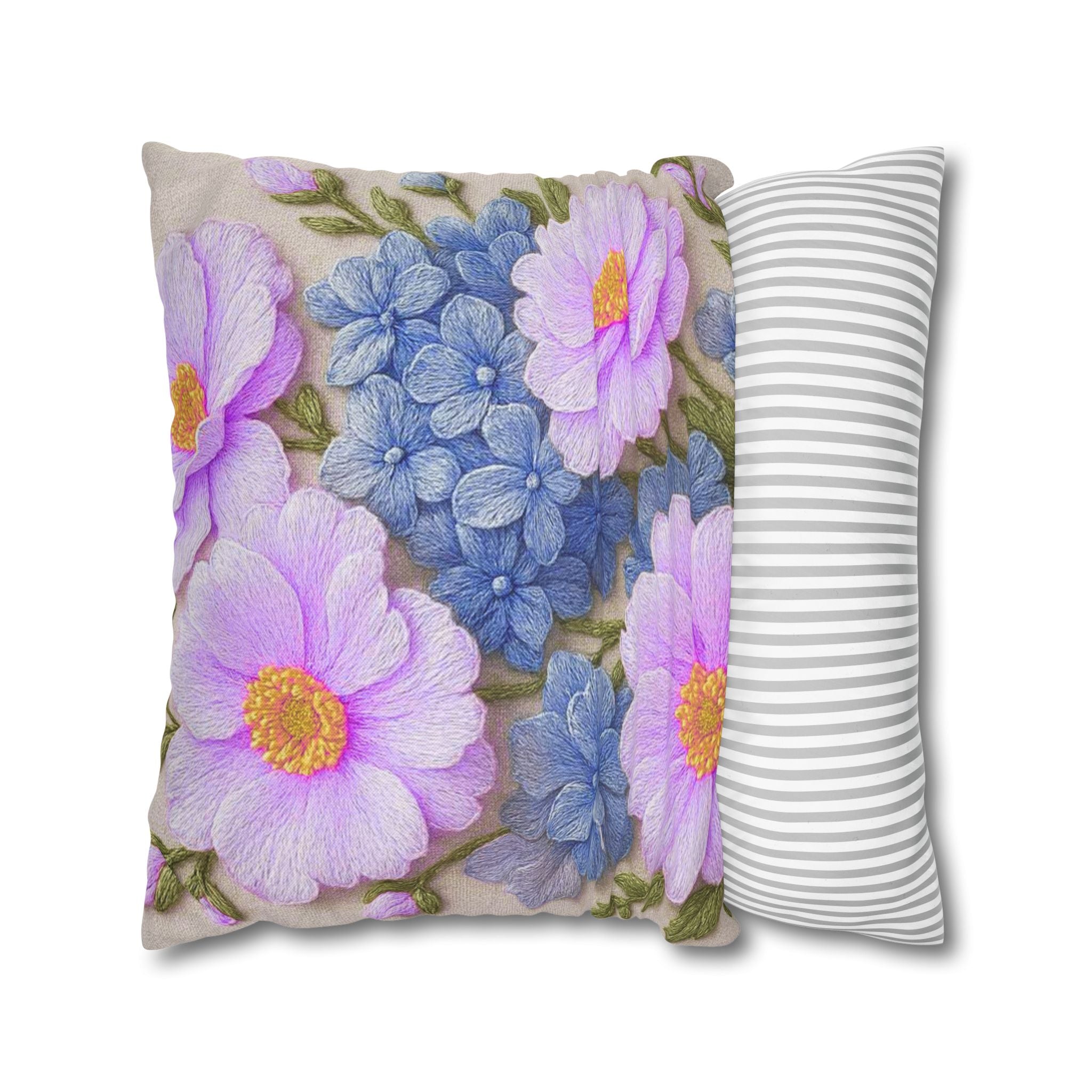 Pink Daisy and Blue Hydrangea Throw Pillow Cover, Floral Square Pillowcase, Alexandra Bloom Collection, Cottagecore Decorative Cushion