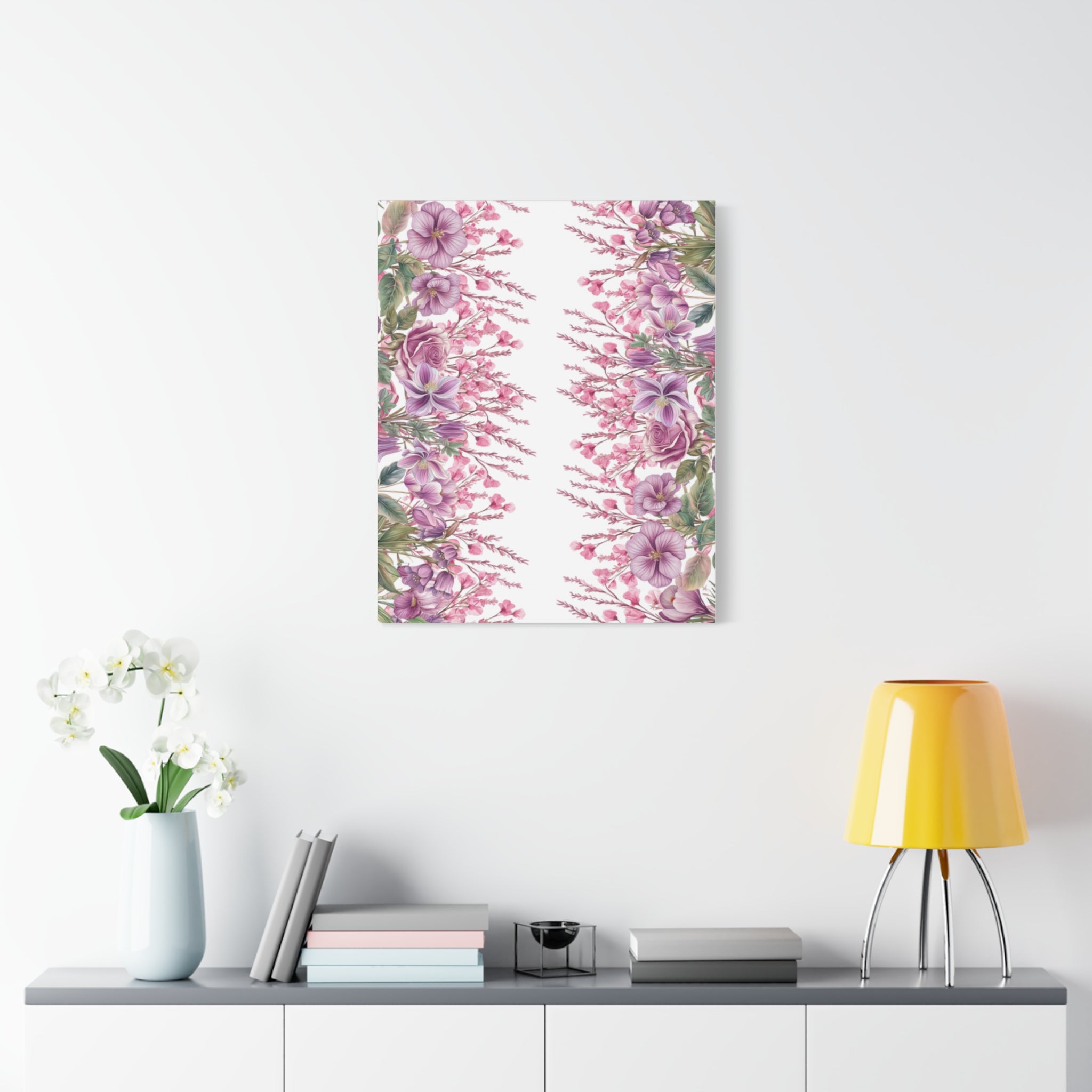 Floral Matte Canvas Wall Art, Pink Purple Botanical Print, Modern Symmetrical Flower Design, Stretched 1.25" Canvas Home Decor