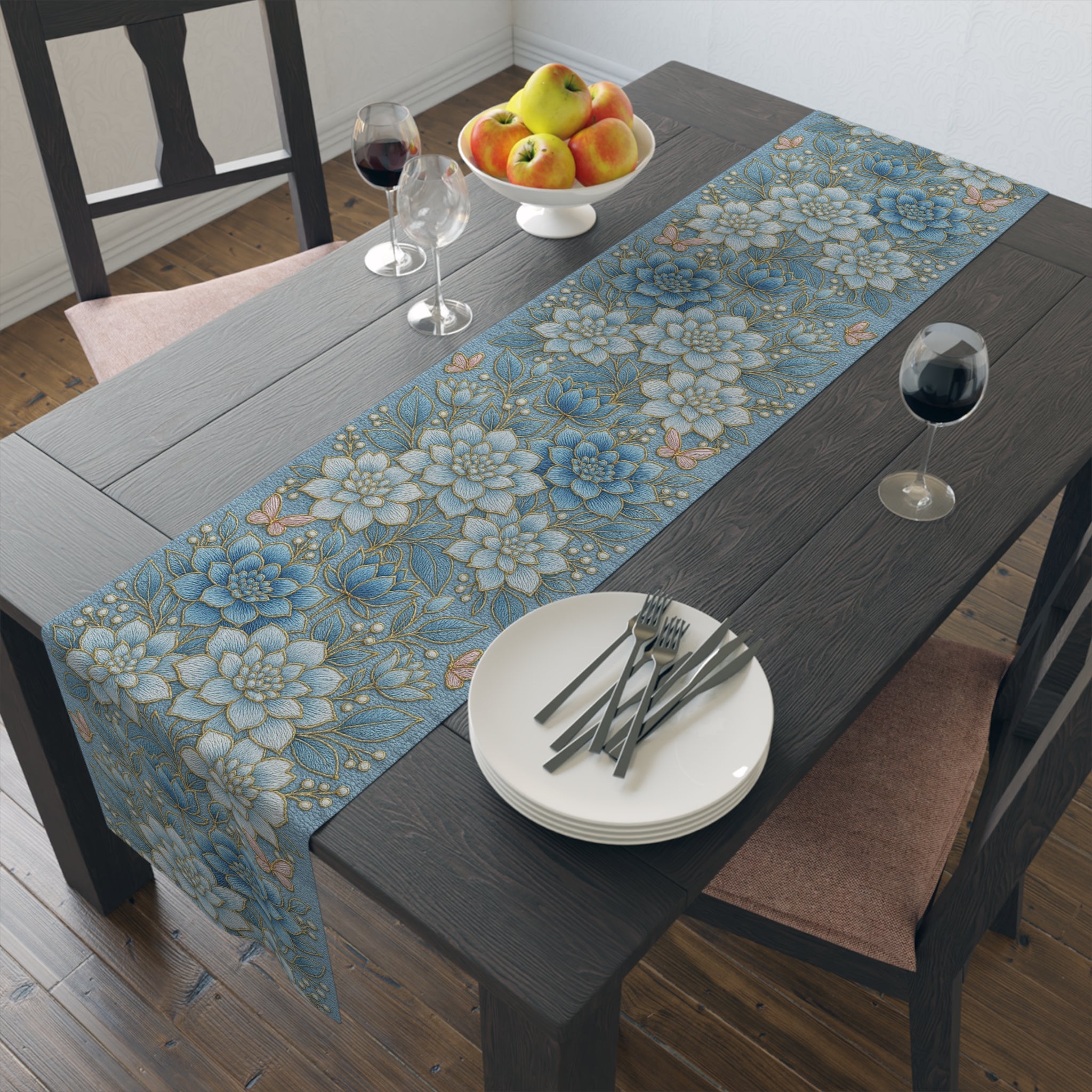 BLUESKYDEZIGN | Blue Floral Succulent Table Runner | Cottagecore Dining Decor | Cotton or Polyester