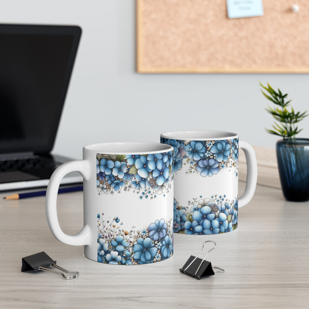 Heart Balloon Girl Ceramic Mug 11oz - Romantic Floral Coffee Cup, Valentine Gift, Hand-Drawn Art Drinkware