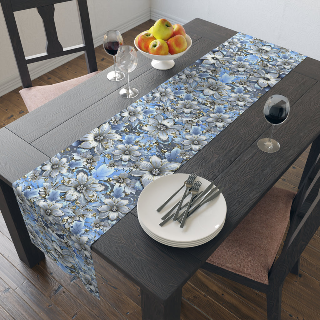 Blue Floral Table Runner – Vintage Botanical Farmhouse Decor, Cotton Twill or Polyester, 72" & 90"