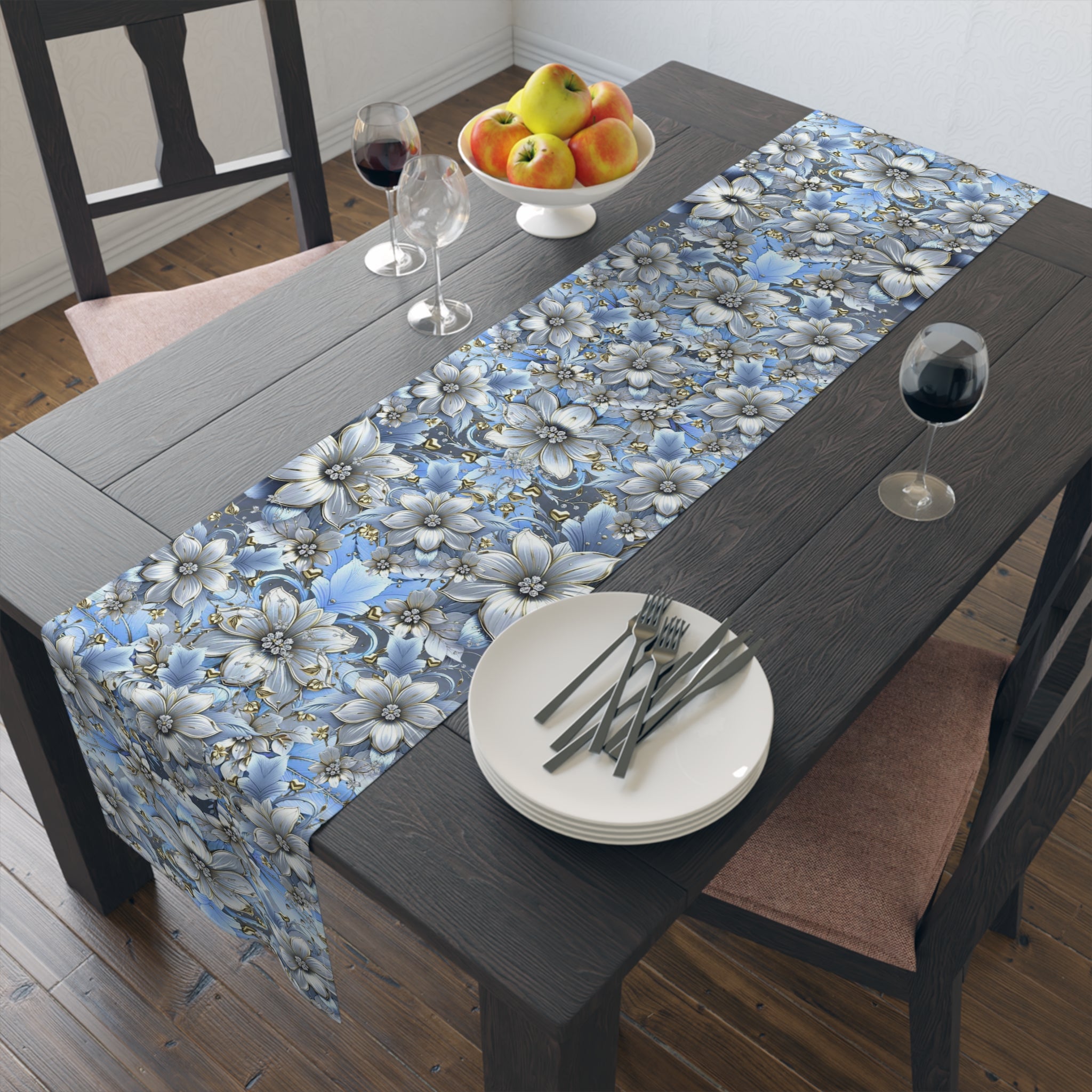Blue Floral Table Runner – Vintage Botanical Farmhouse Decor, Cotton Twill or Polyester, 72" & 90"