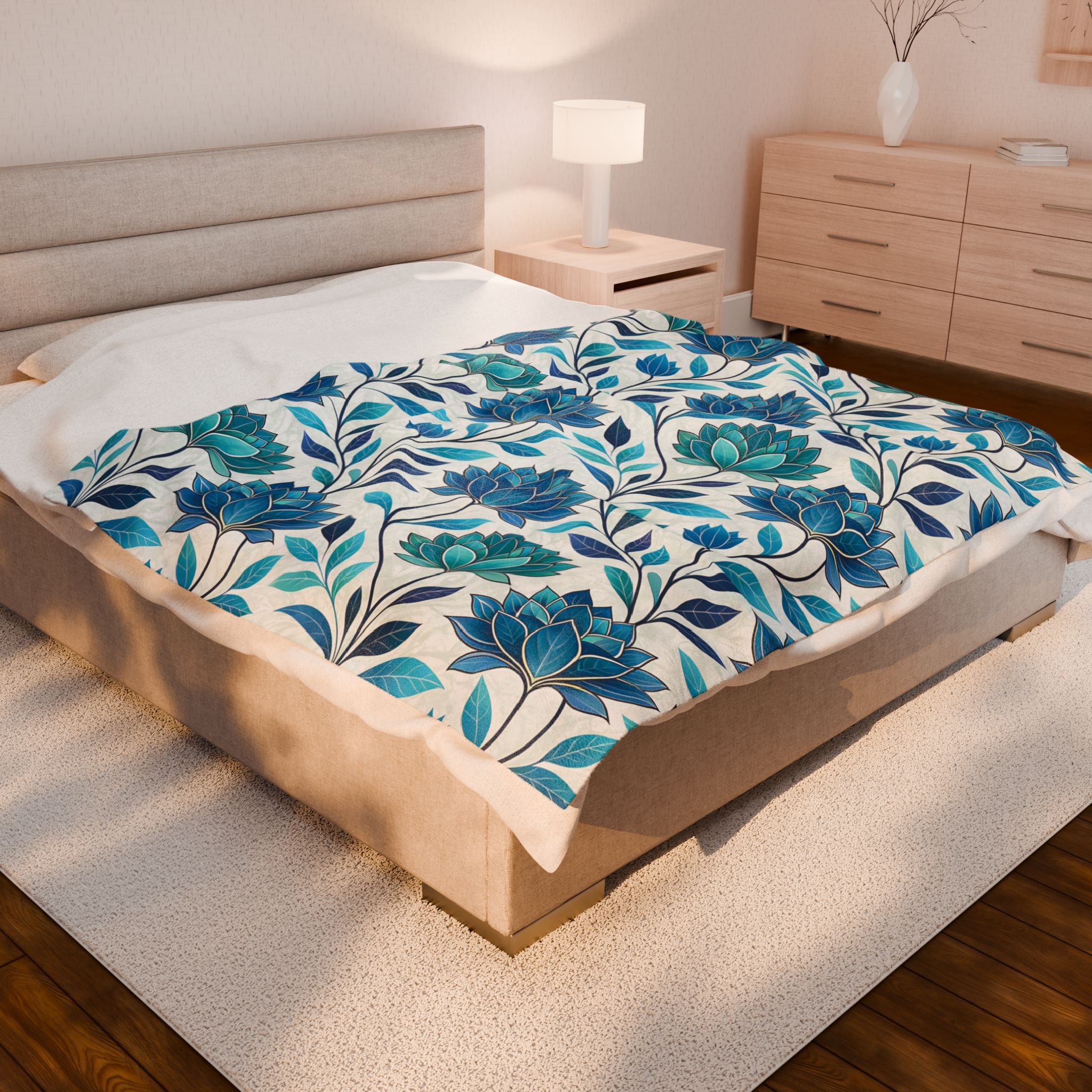 Blue Floral Velveteen Plush Blanket – Soft Lotus Pattern Throw for Cozy Home, Living Room, or Gift