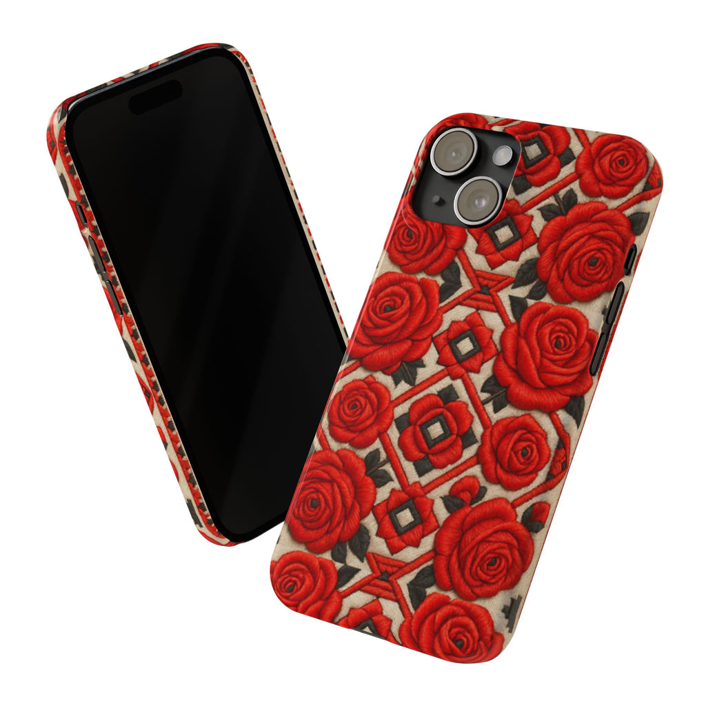 Red Roses iPhone Case | Vintage Floral Geometric Slim Cover | Glossy Protective Tech Gift for Her