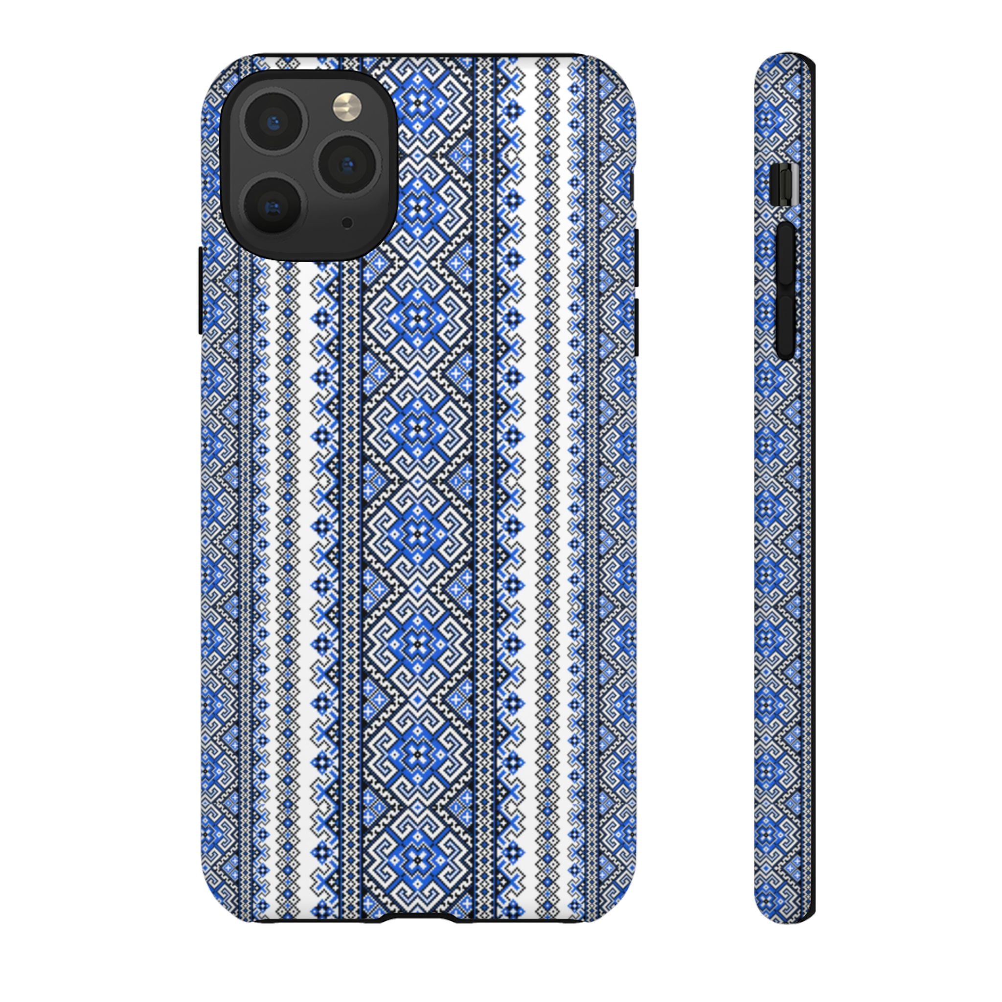 Ukrainian Pattern iPhone Case, Blue Black Geometric Folk Design, Protective Phone Cover, Traditional Ethnic Print