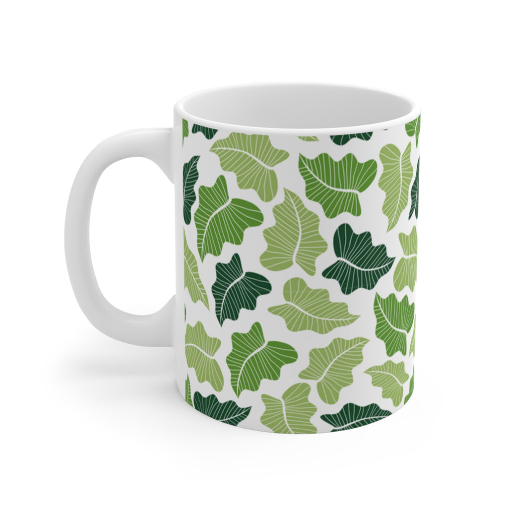 Green Leaf Ceramic Mug 11oz - Botanical Nature Coffee Cup, Plant Lover Gift, Microwave Safe Drinkware