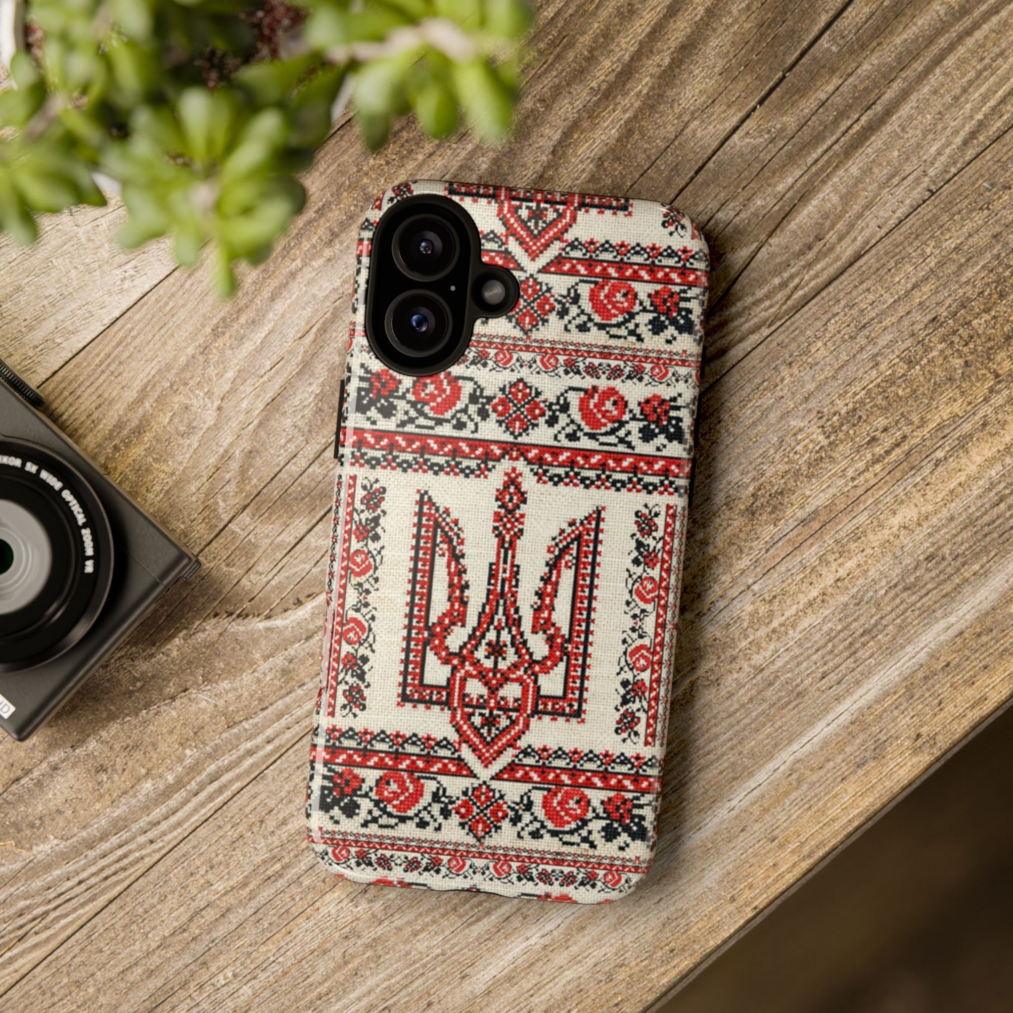 Ukrainian Trident Embroidery Phone Case • Red Black Trident Pattern • Protective Folk Art Cover for iPhone & Samsung