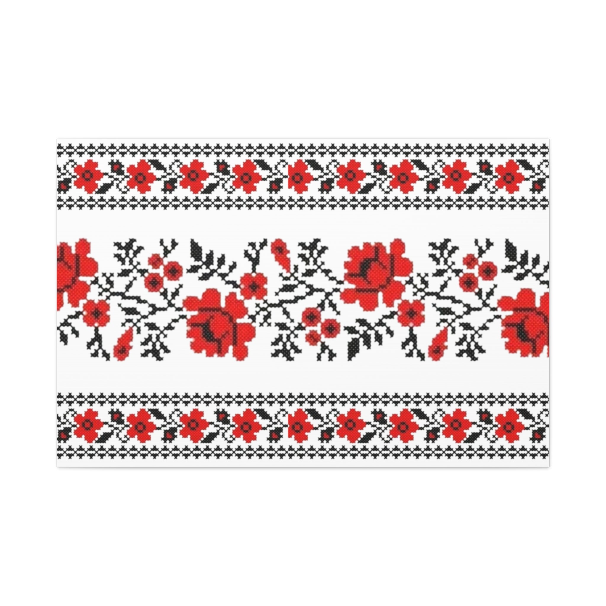 Ukrainian Embroidery Wall Art, Red Black Folk Floral Pattern, Traditional Slavic Home Decor Canvas for Living Room or Entryway, Matte Print, Stretched 1.25" Ready to Hang