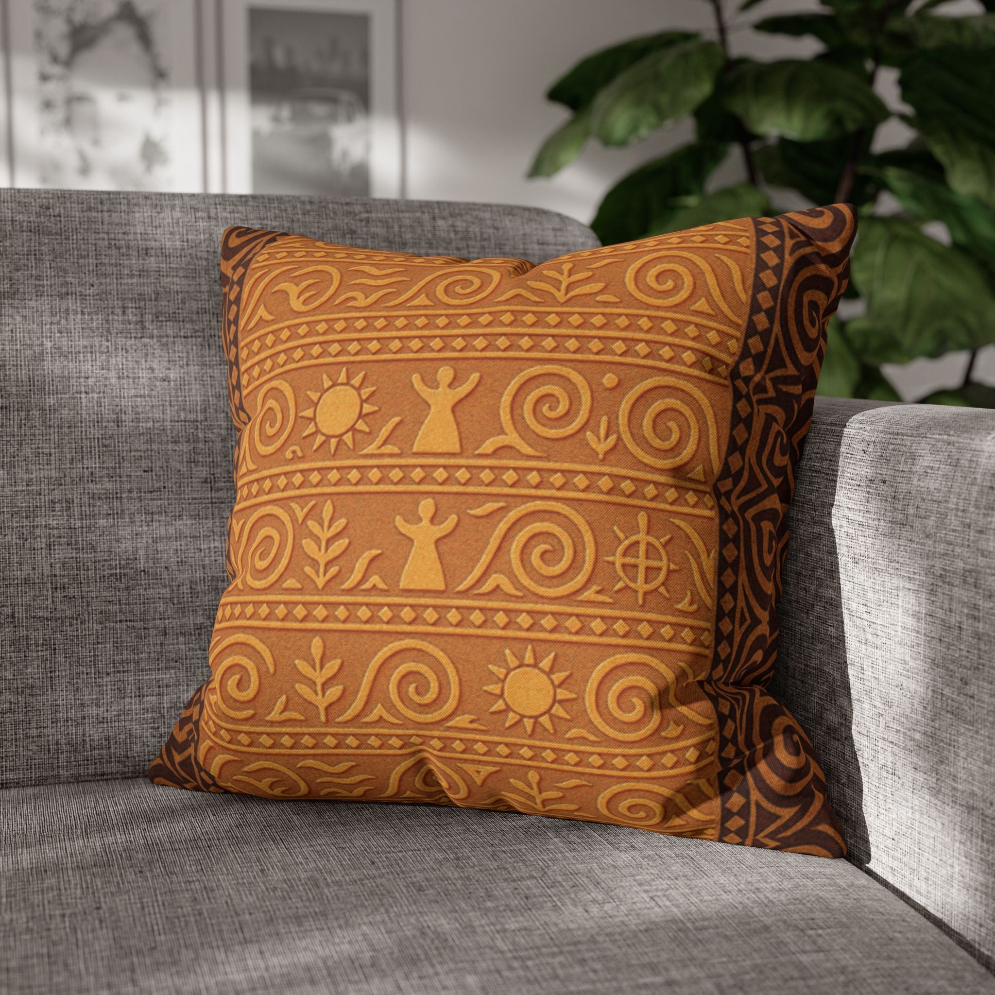 Trypillian Code Folk Art Pillow Cover | Ancient Symbol Terracotta Heritage Cushion