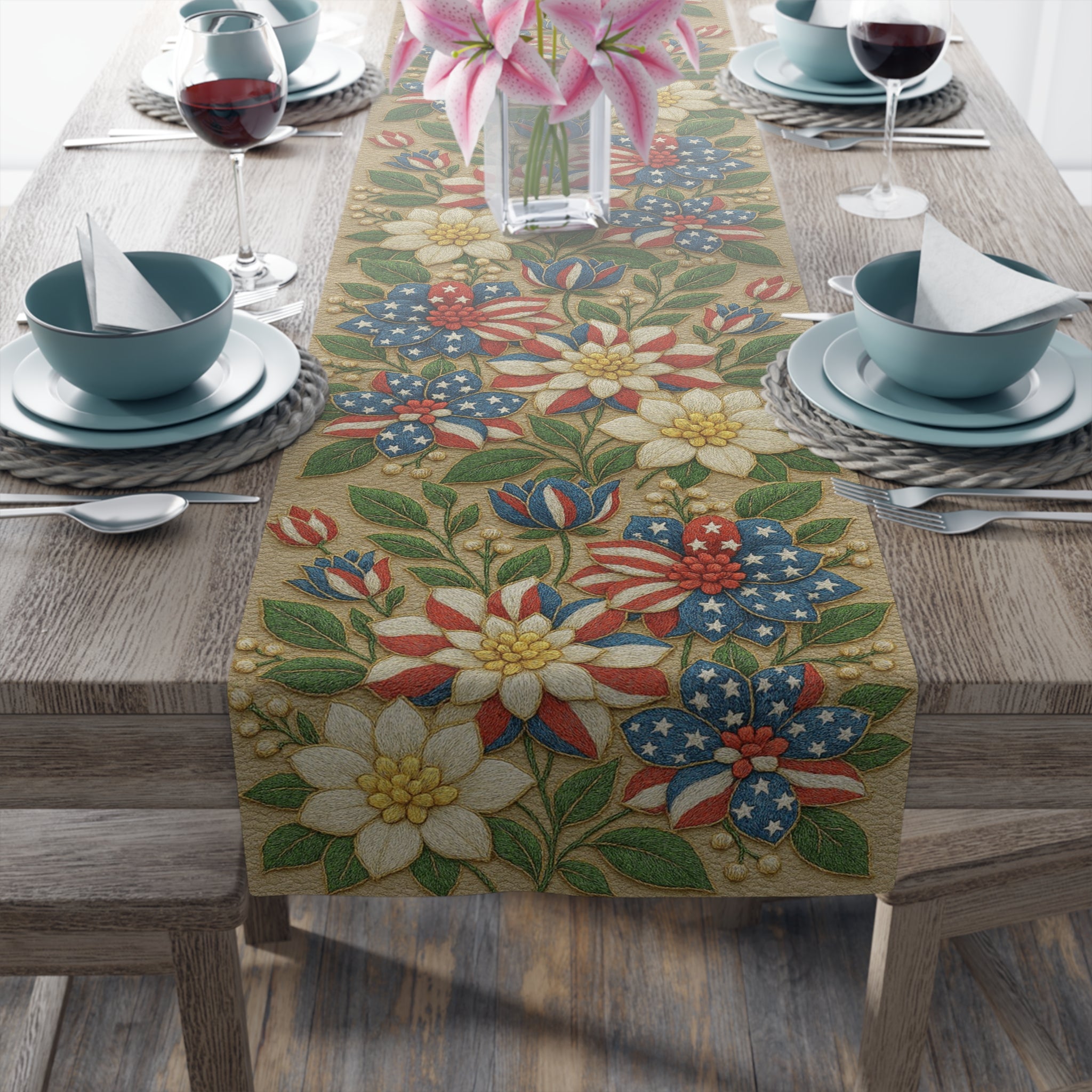 BLUESKYDEZIGN | Floral Americana Table Runner | Patriotic 4th of July Vintage Decor | Cotton or Polyester