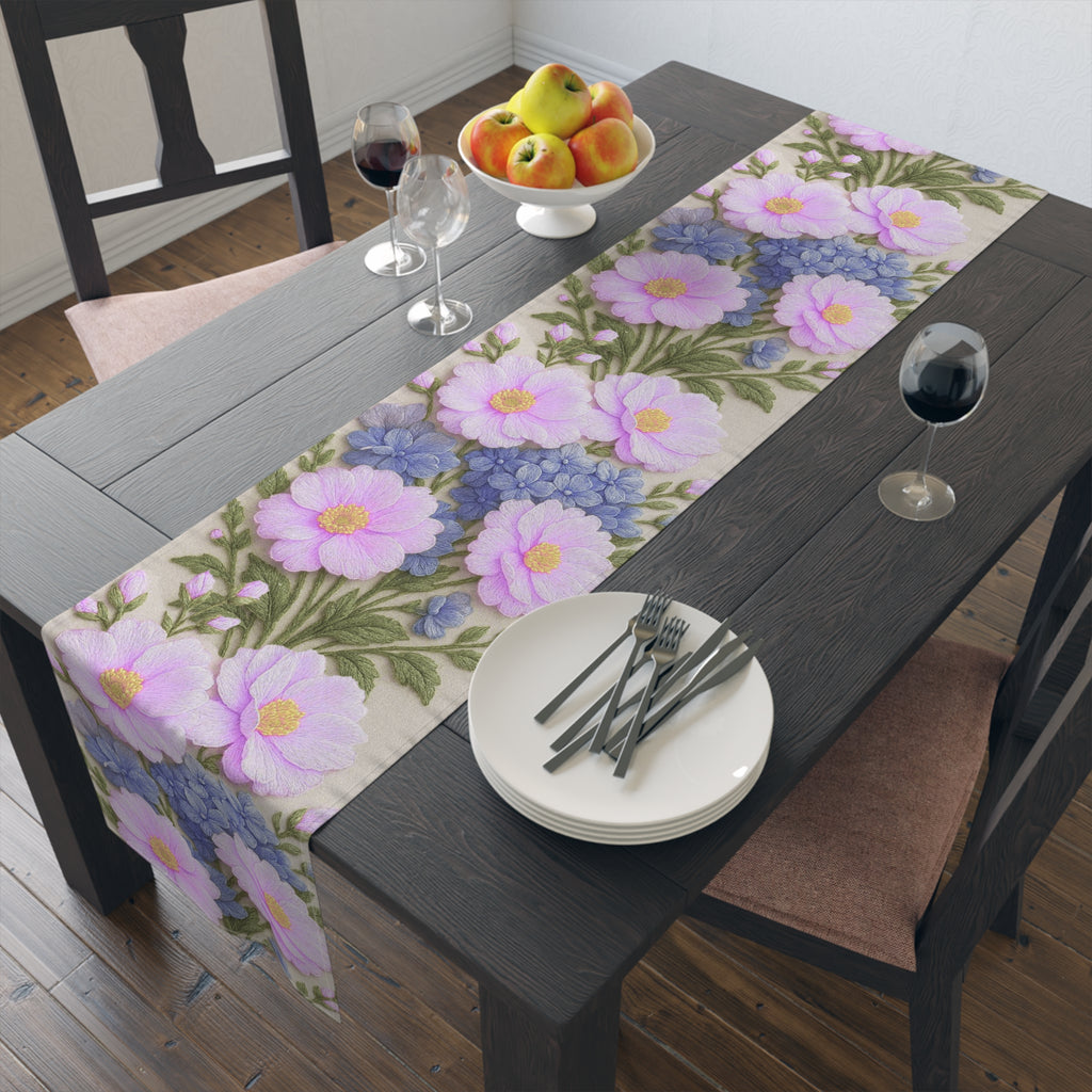 Pink Cosmos and Blue Hydrangea Table Runner, Floral Table Decor, Alexandra Bloom Collection, Cotton Twill or Polyester Dining Runner
