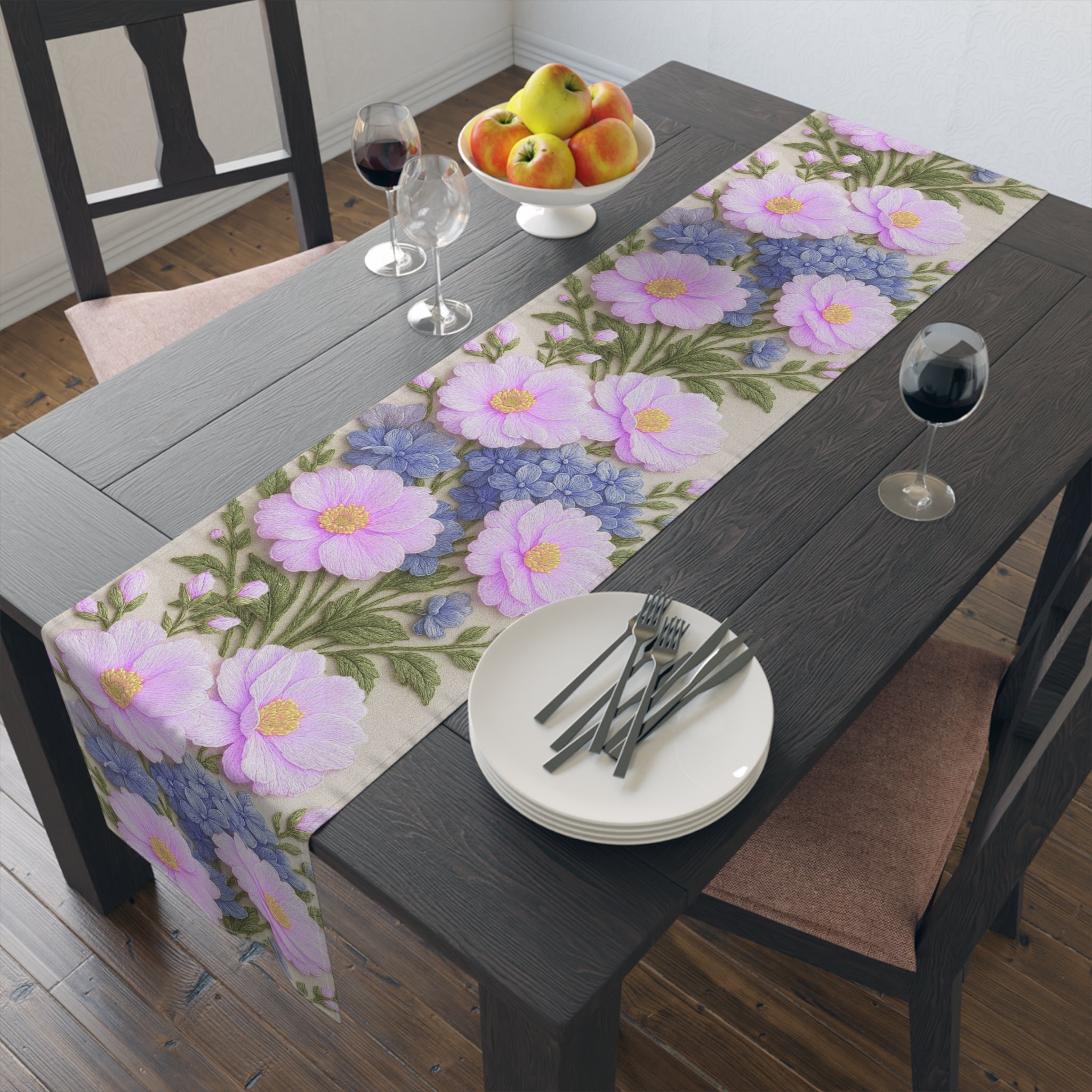 Pink Cosmos and Blue Hydrangea Table Runner, Floral Table Decor, Alexandra Bloom Collection, Cotton Twill or Polyester Dining Runner