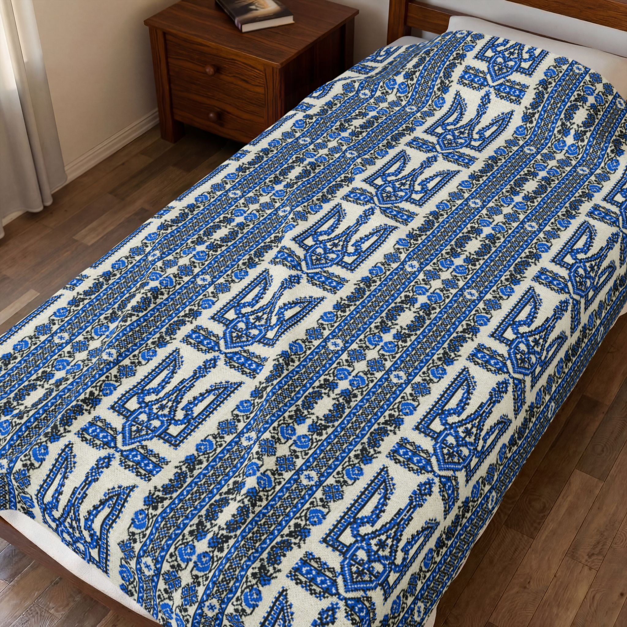 Ukrainian Trident Blue Velveteen Blanket | Tryzub Folk Throw | Artist-Designed