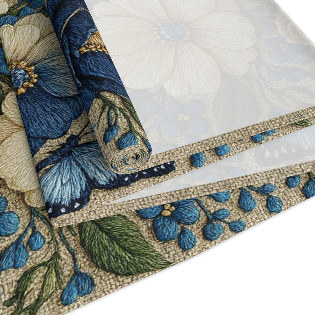 Wild Beauty Floral Table Runner – Blue & Cream Botanical Design