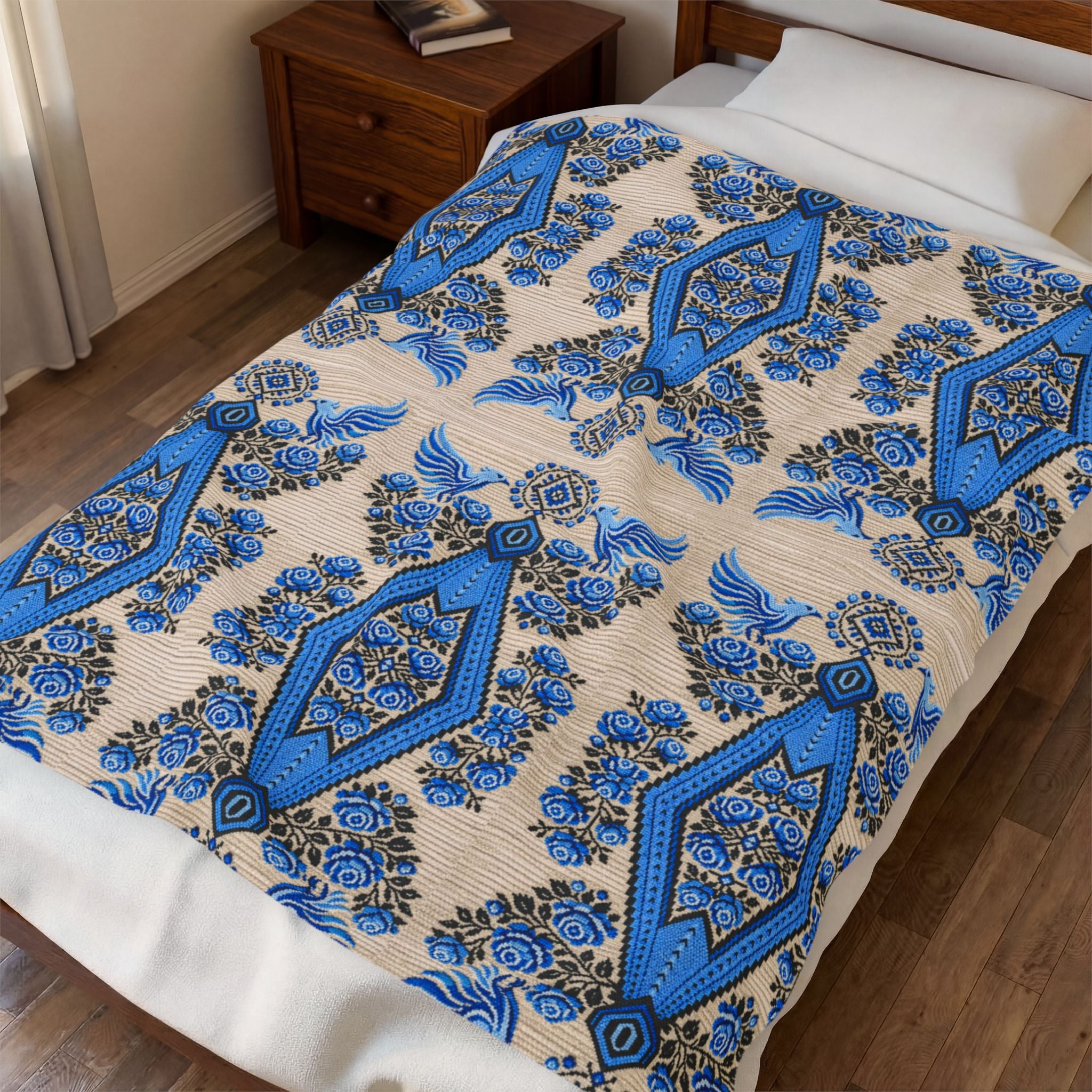 Ukrainian Berehynia blanket with blue black folk art geometric pattern on bed
