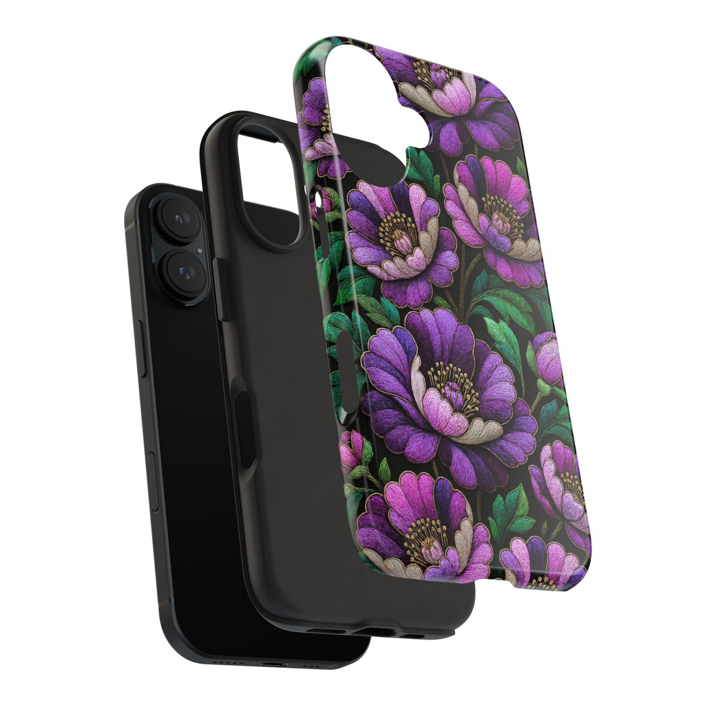 Petrykivka Bloom Phone Case | Purple Floral Tough Phone Case | Moody Embroidered Look Botanical Phone Cover