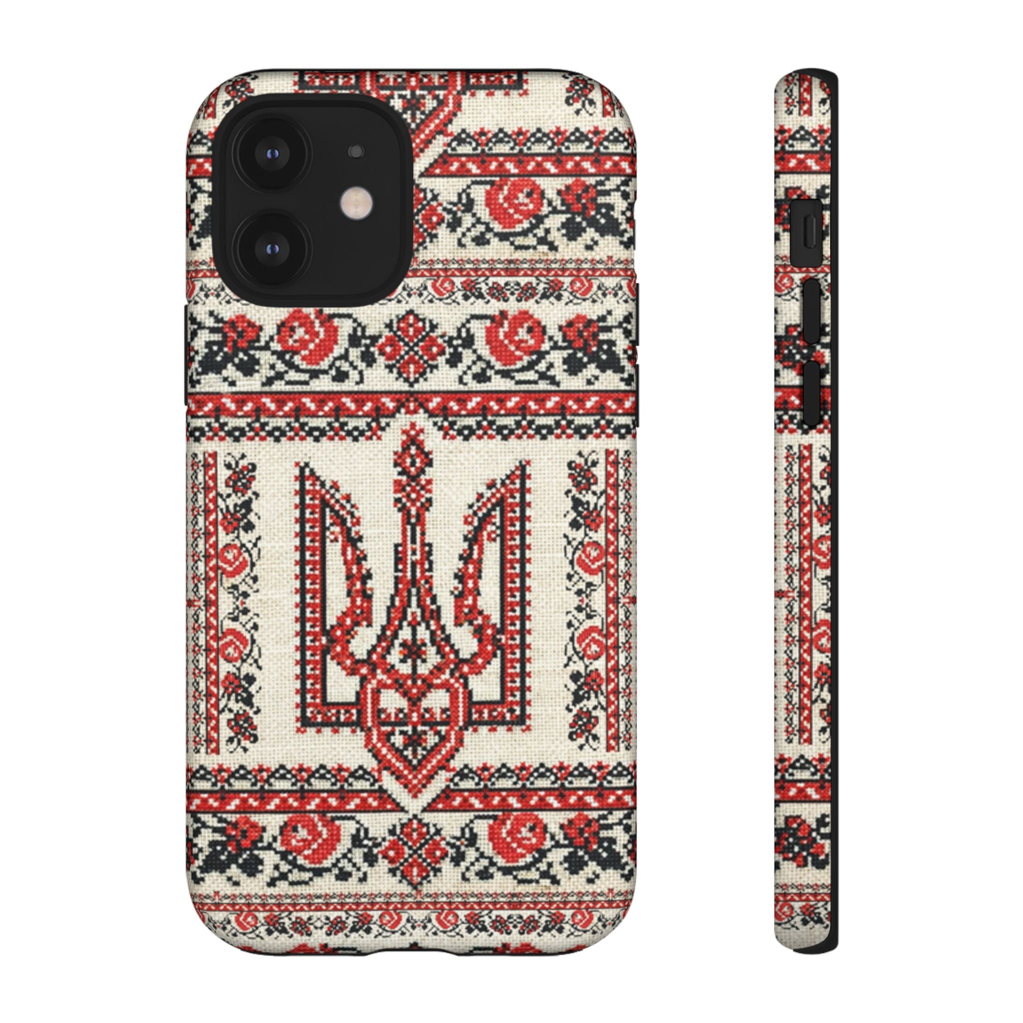 Ukrainian Trident Embroidery Phone Case • Red Black Trident Pattern • Protective Folk Art Cover for iPhone & Samsung