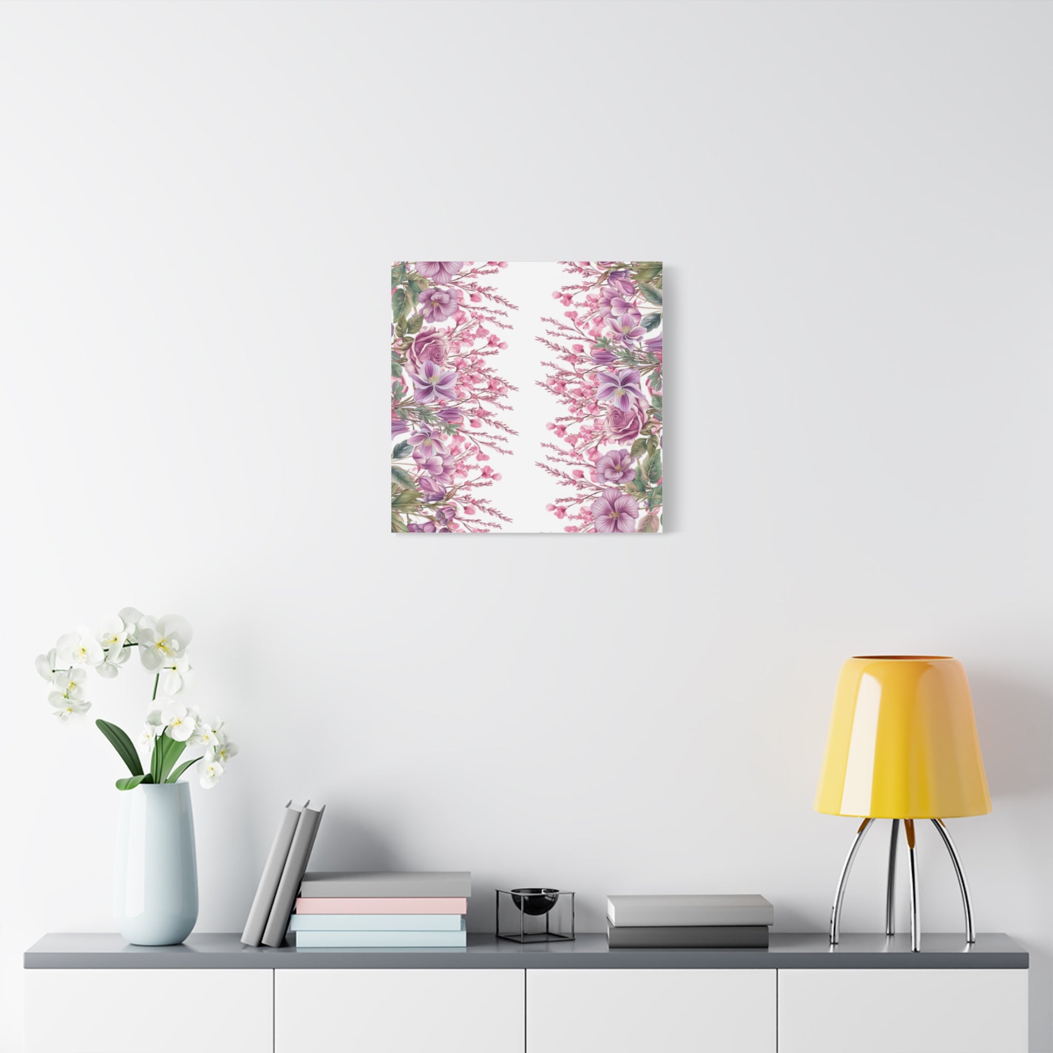 Floral Matte Canvas Wall Art, Pink Purple Botanical Print, Modern Symmetrical Flower Design, Stretched 1.25" Canvas Home Decor