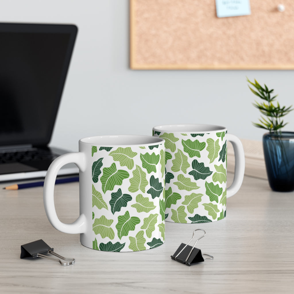 Green Leaf Ceramic Mug 11oz - Botanical Nature Coffee Cup, Plant Lover Gift, Microwave Safe Drinkware