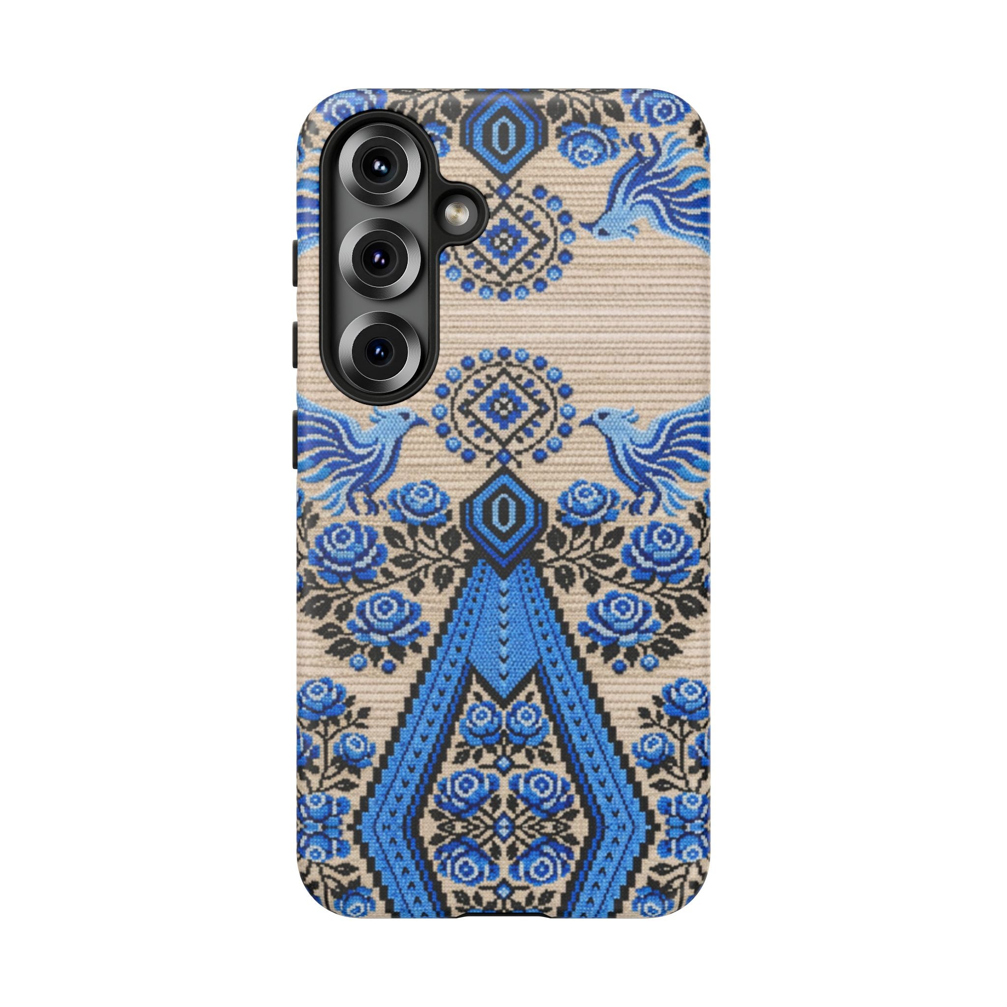 Ukrainian Phone Case  Blue Black Berehynia Design, Falcons & Roses Folk Art, Slavic Embroidery Style Protective Cover