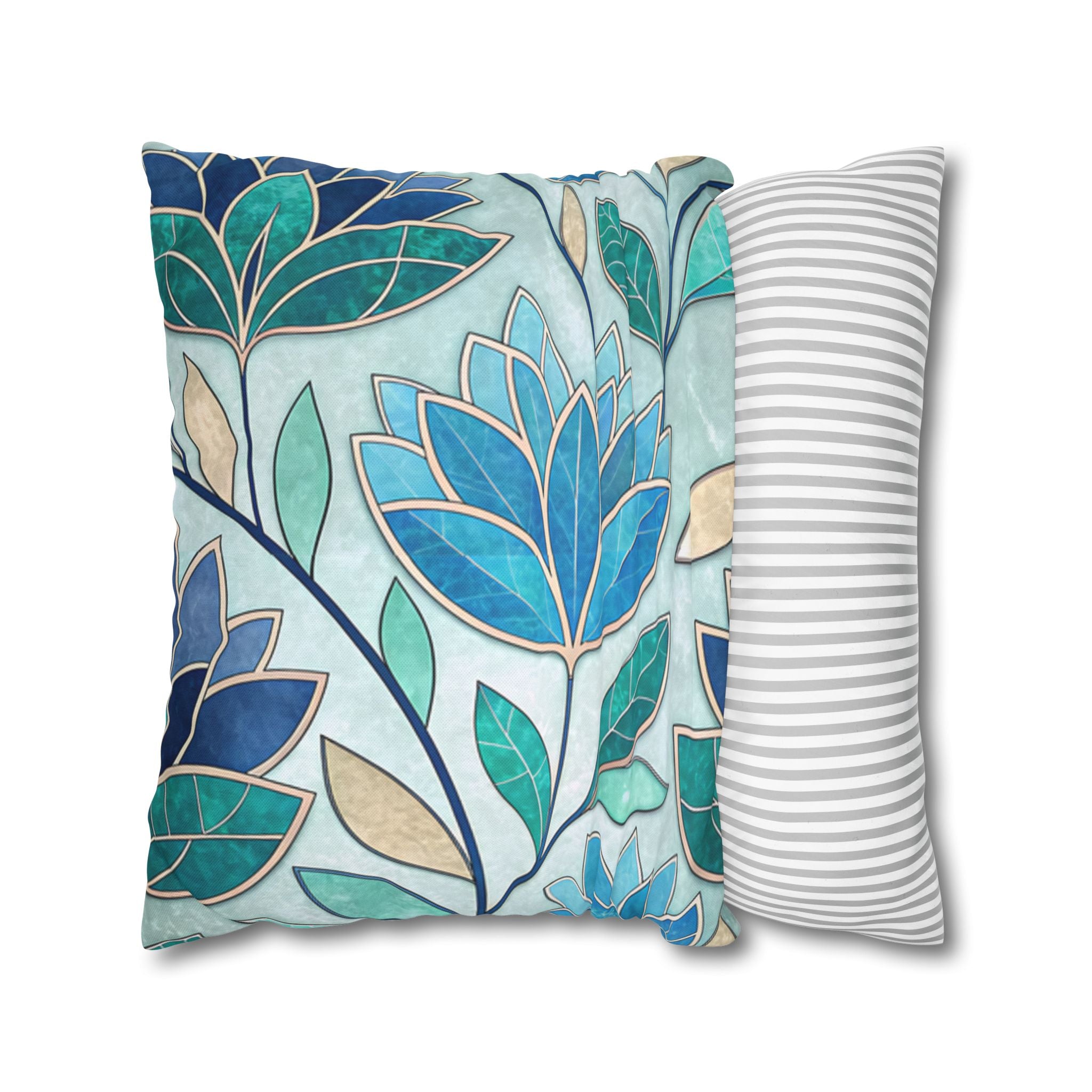 Mosaic Pillowcase 1piece, Stained Glass Style Floral Cushion Covers, Teal Blue Decorative Polyester Throw Pillowcases