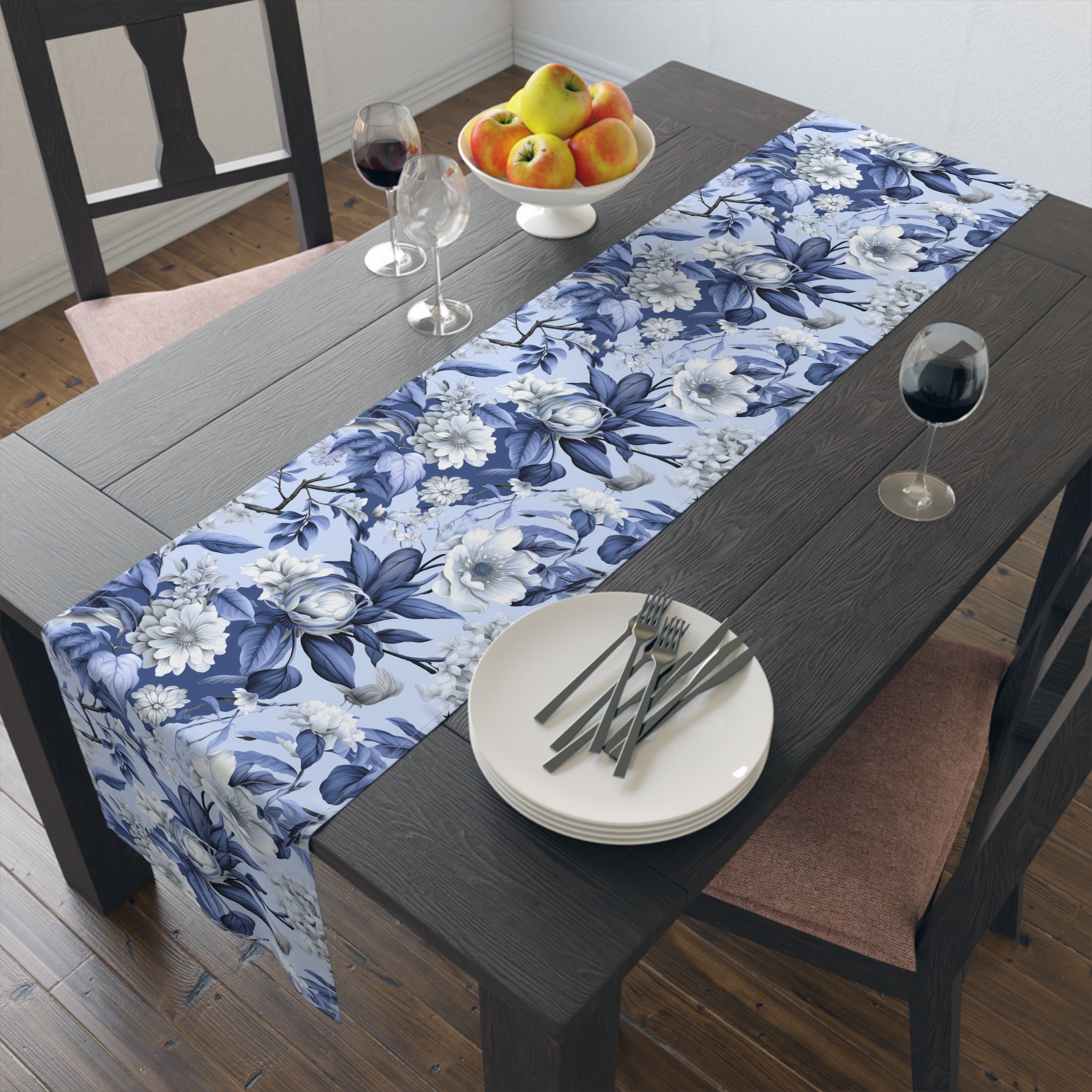 Blue Floral Watercolor Table Runner | Vintage Botanical Dining Decor | Cotton Twill & Polyester
