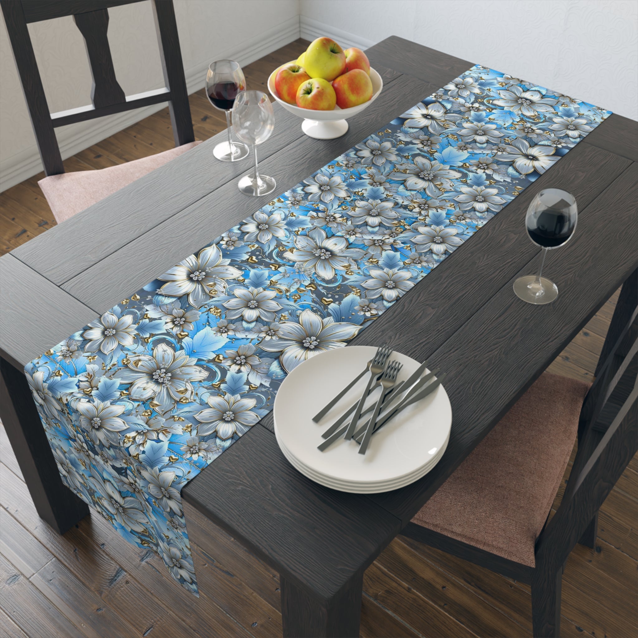 Blue Floral Table Runner – Vintage Botanical Farmhouse Decor, Cotton Twill or Polyester, 72" & 90"