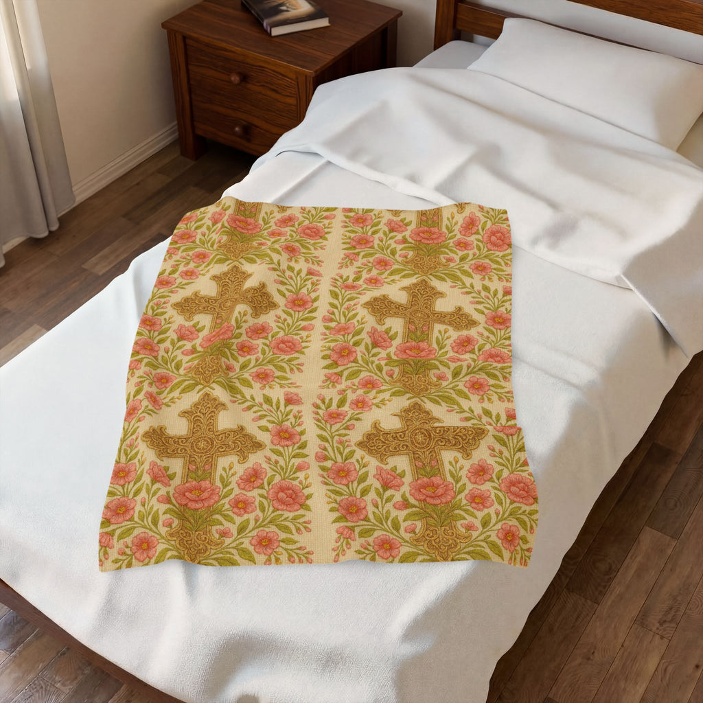 BLUESKYDEZIGN Blessed Home Floral Cross Plush Blanket | Vintage Rose Religious Throw | Soft Velveteen | 3 Sizes