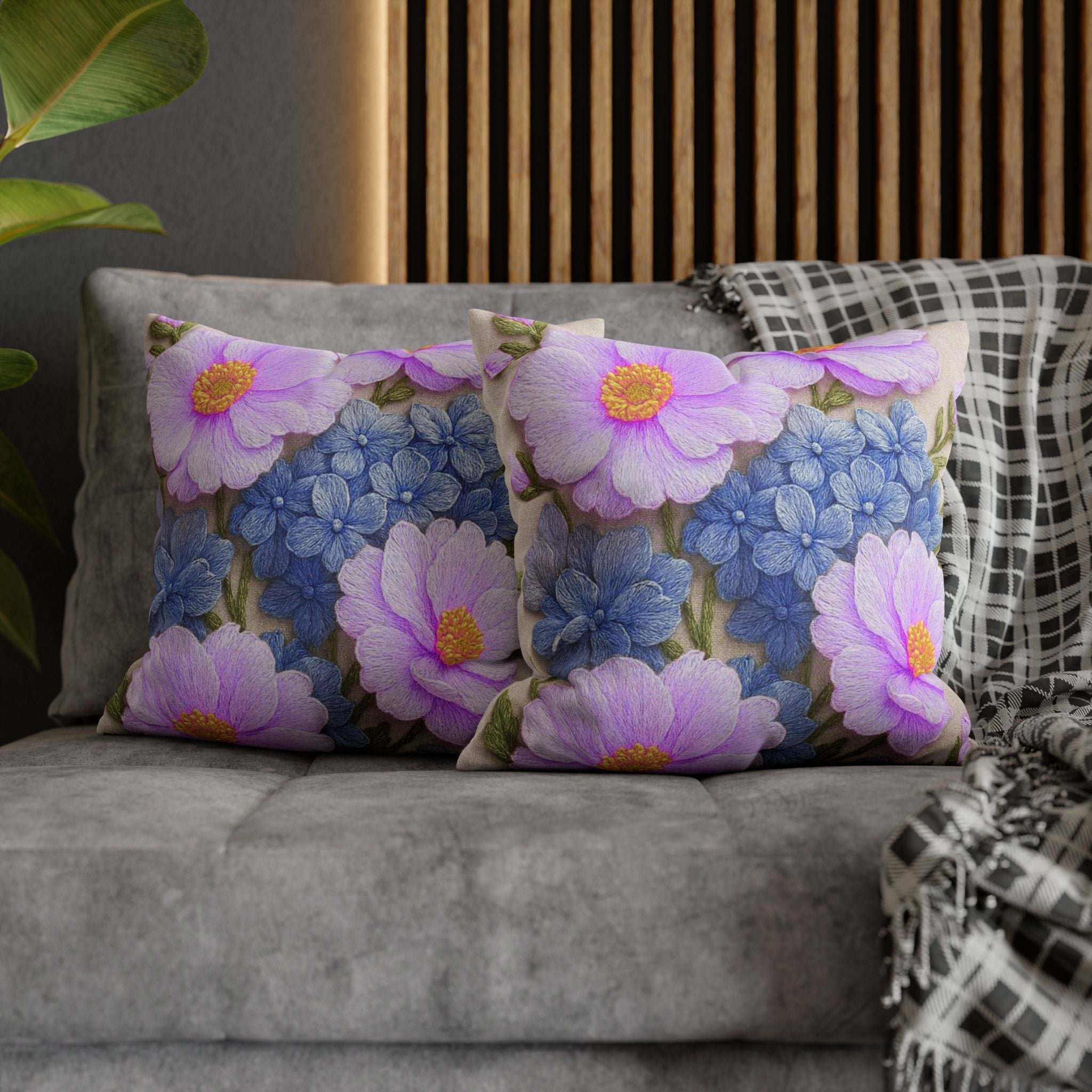 Pink Daisy and Blue Hydrangea Throw Pillow Cover, Floral Square Pillowcase, Alexandra Bloom Collection, Cottagecore Decorative Cushion