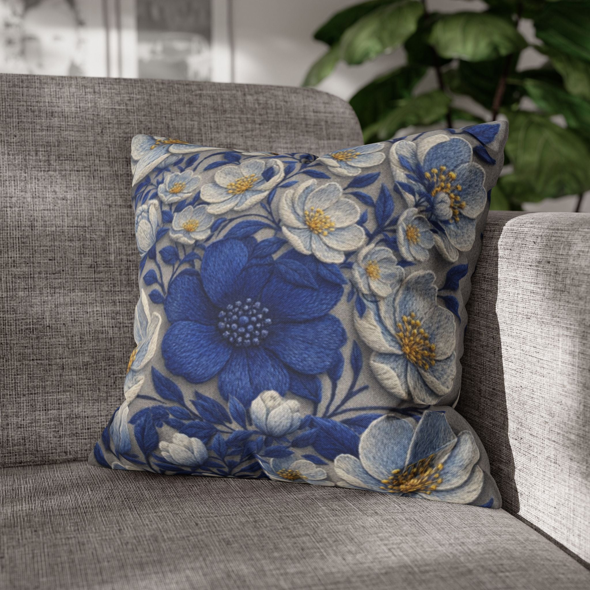 Denim Soul Indigo Floral Pillowcase – Double-Sided Watercolor Throw Pillow Cover