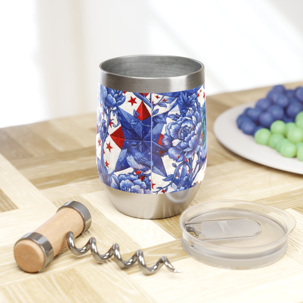 America 250th Anniversary Wine Tumbler - Patriotic Blue Toile & Red Star Insulated Stainless Steel Cup