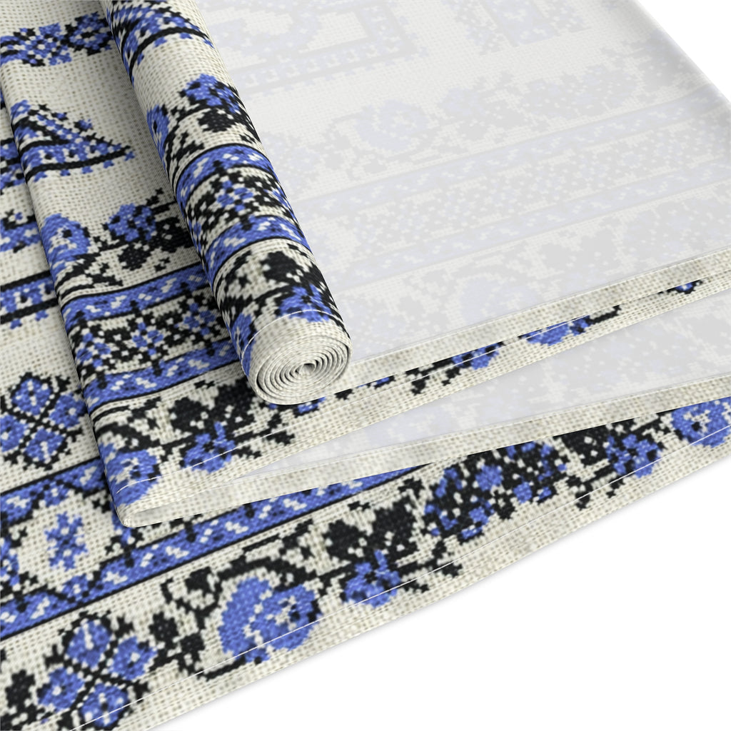 Ukrainian Trident Blue Table Runner | Tryzub Folk Decor | Cotton or Polyester