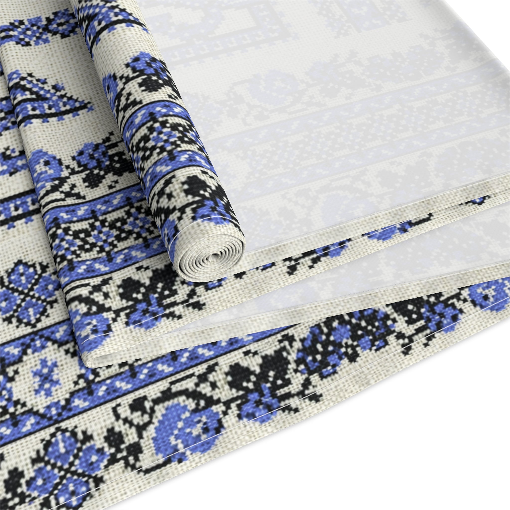 Ukrainian Trident Blue Table Runner | Tryzub Folk Decor | Cotton or Polyester