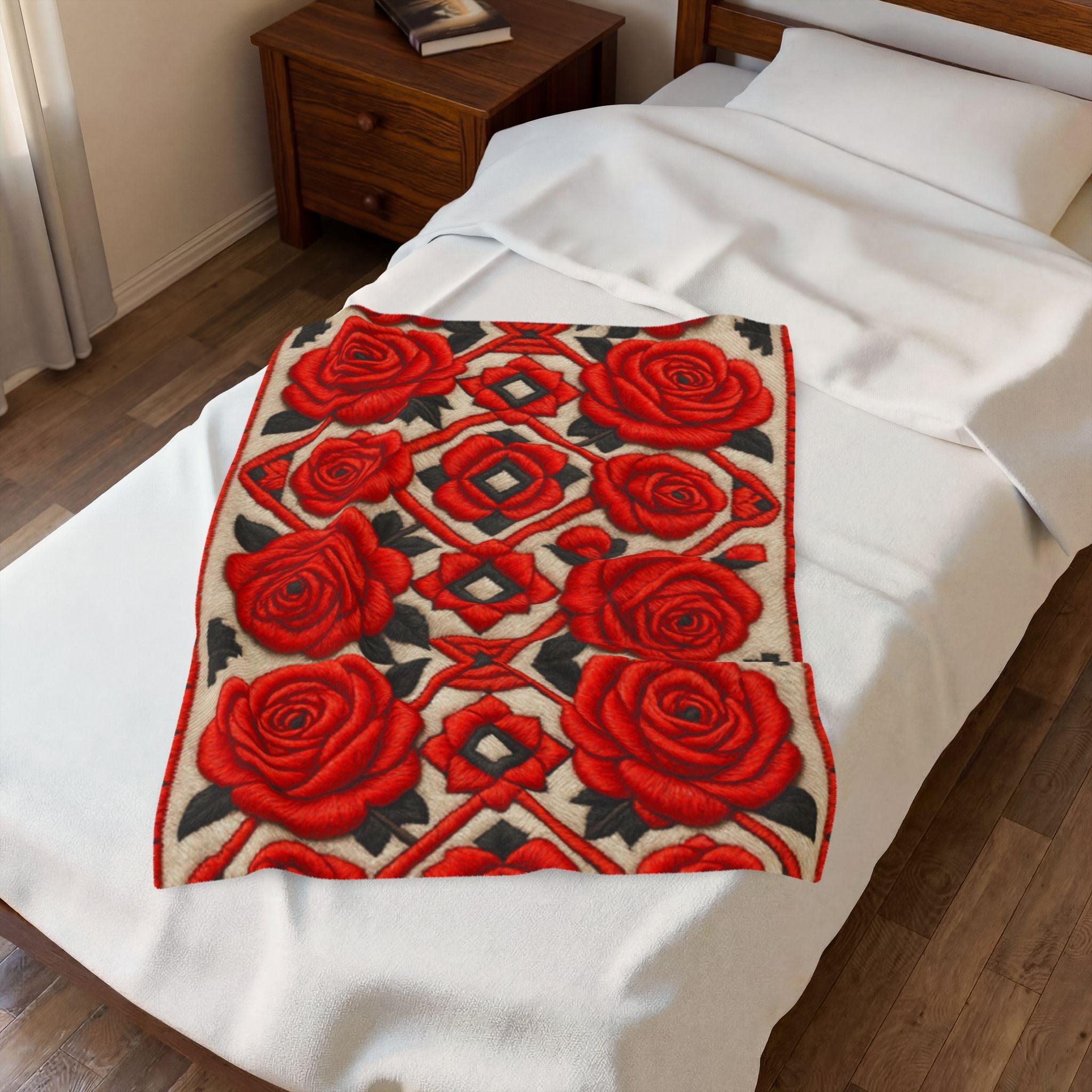 Red Roses Velveteen Plush Blanket | Vintage Floral Throw | Soft Cozy Romantic Bedding Decor