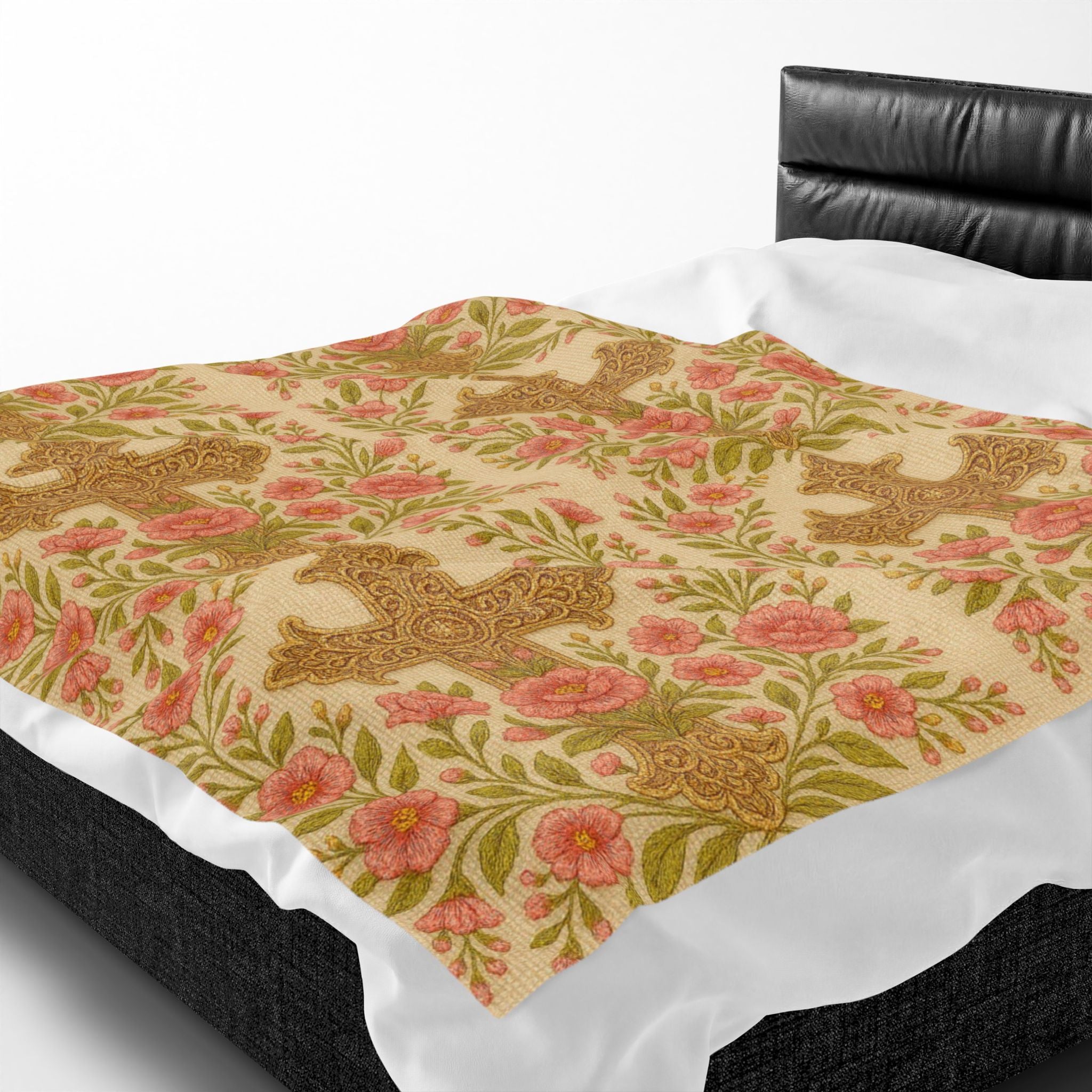 Blessed Home Collection velveteen plush blanket featuring a vintage floral cross pattern draped across a modern bed.