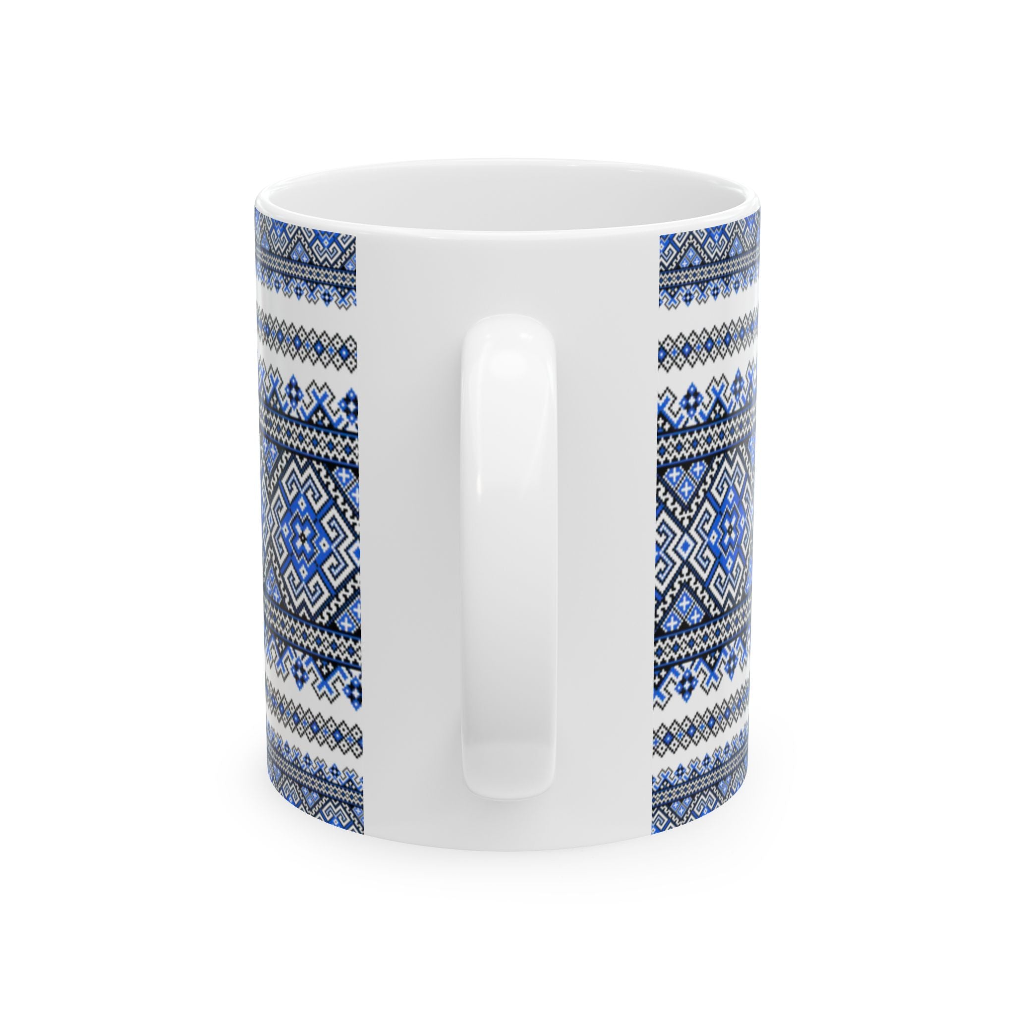 Ukrainian Embroidery Mug, Blue Black Folk Pattern Cup, Traditional Slavic Ceramic Coffee Tea Mug 11 oz