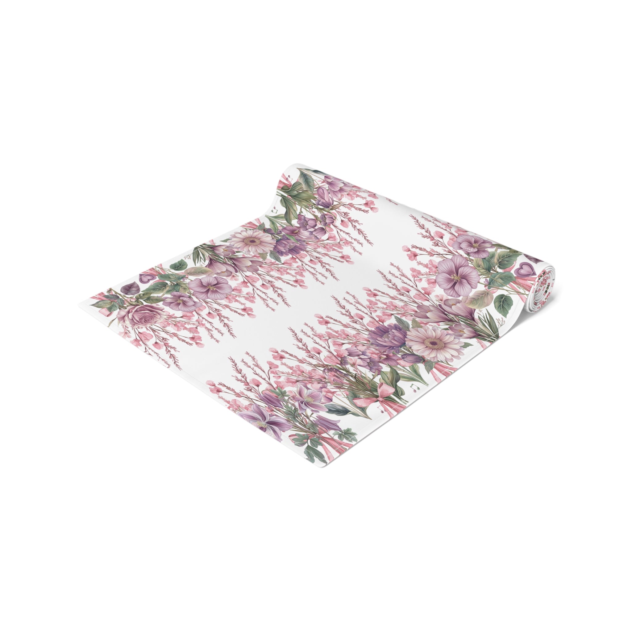 Spring Floral Table Runner, Cotton  Polyester, Pink  Purple Flower Design, Elegant Dining Table Decor, 16×72, 16×90