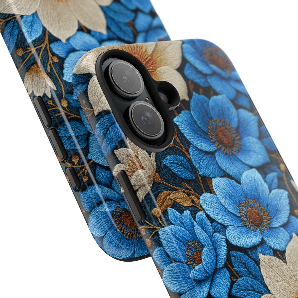 Midnight Symphony tough phone case with deep navy blue indigo blossoms and cream botanical accents — dark floral full-wrap 3D print, dual-layer shockproof iPhone cover with UV-protected glossy finish

