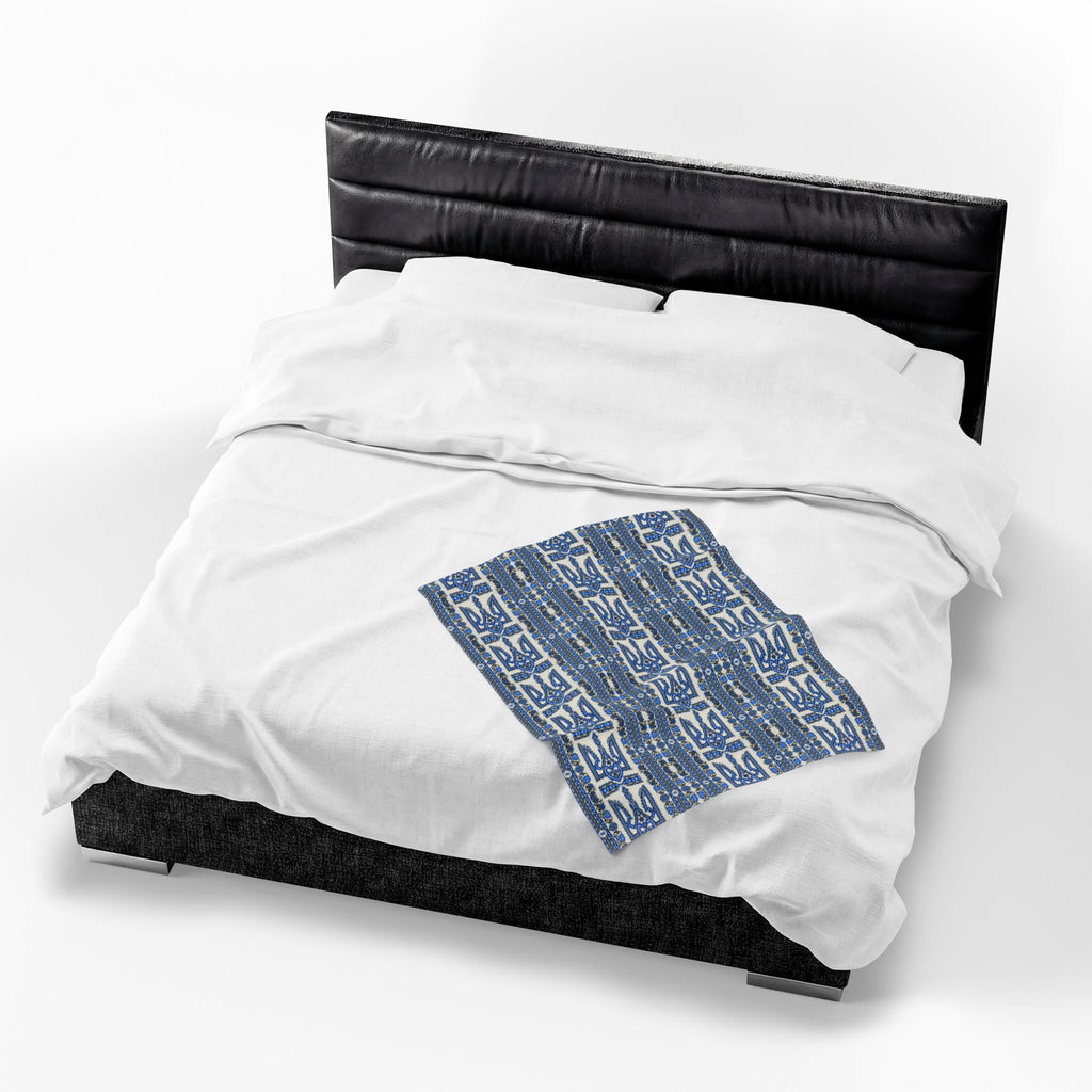 Ukrainian Trident Blue Velveteen Blanket | Tryzub Folk Throw | Artist-Designed