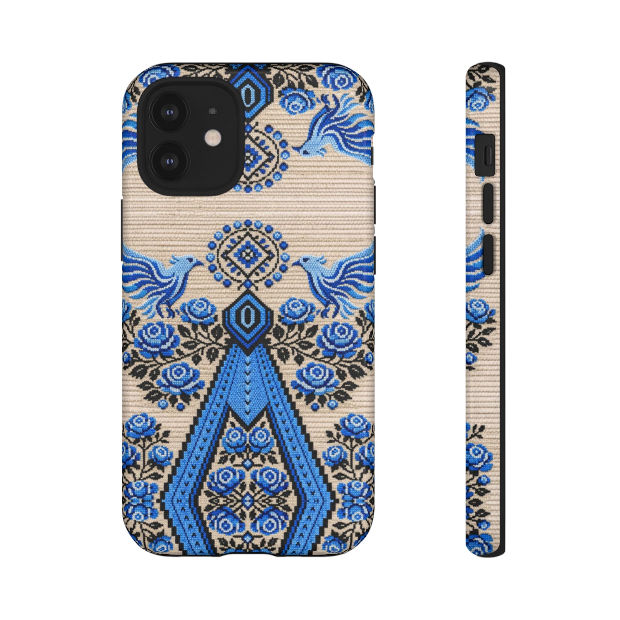 Ukrainian Phone Case  Blue Black Berehynia Design, Falcons & Roses Folk Art, Slavic Embroidery Style Protective Cover