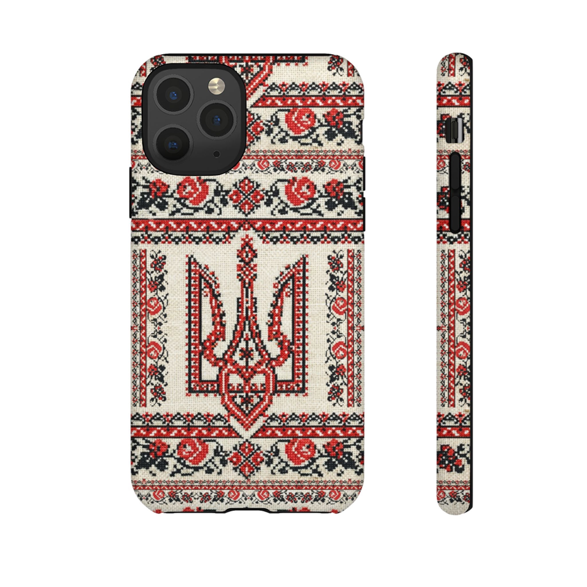 Ukrainian Trident Embroidery Phone Case • Red Black Trident Pattern • Protective Folk Art Cover for iPhone & Samsung